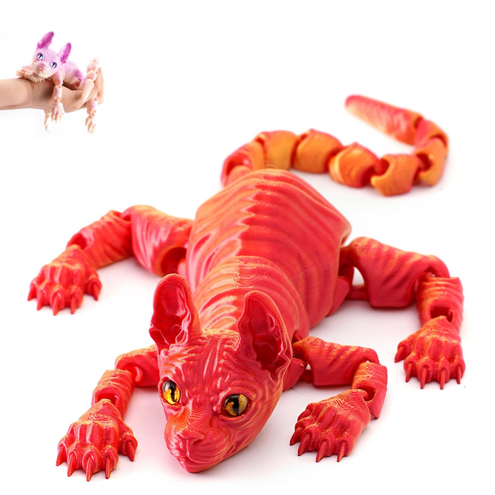 Mystic Meow – 3D Guardian Cat, 3D Printed Cute Hairless Cat, Realistic Flexible Articulated Joints Animal Figurine, Gifts for Cats Lovers, Fantasyfans and Creatives(Laser Red,22cm)