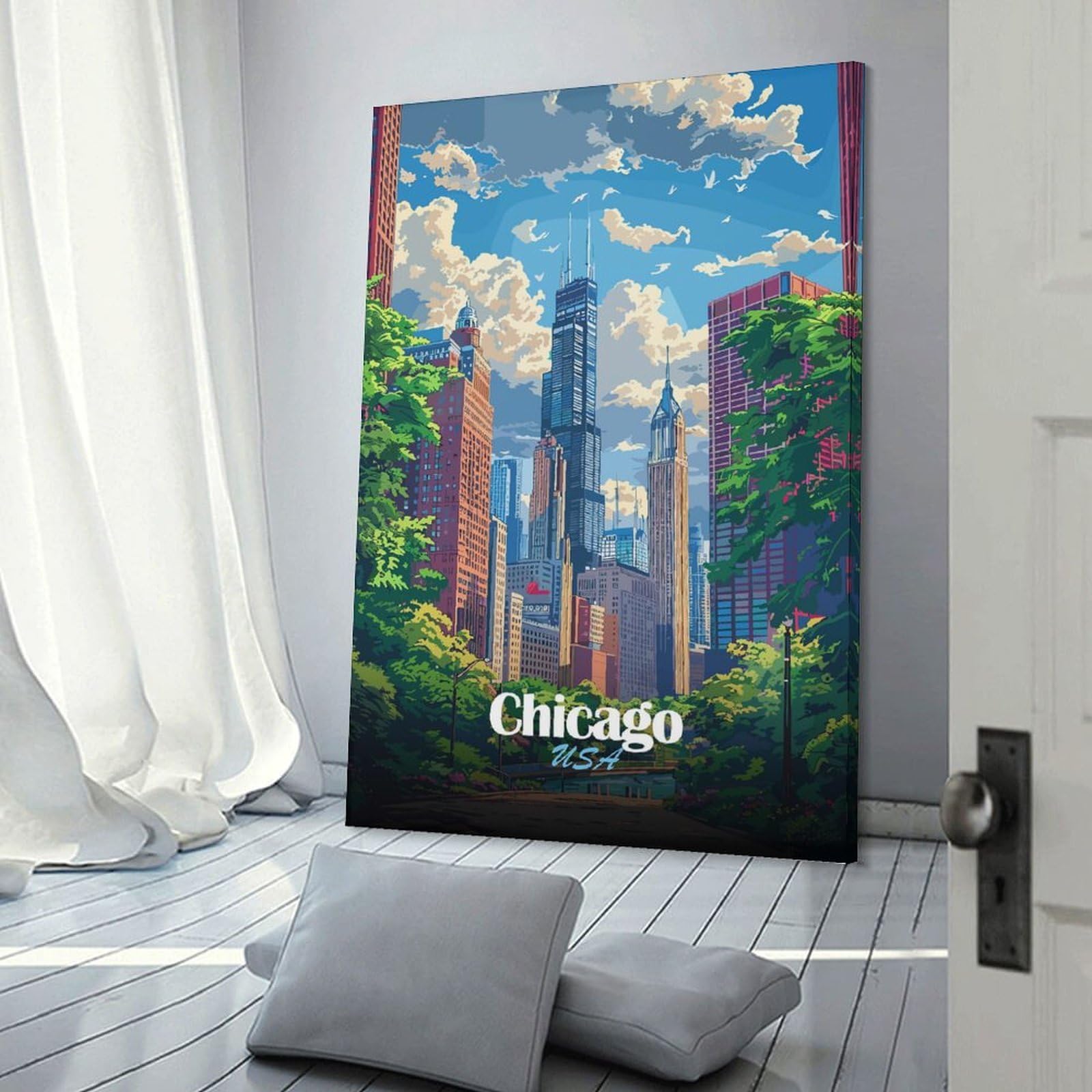 Junmoney Chicago Skyline Illustration Hanging Wall Art 20x30inch(50x75cm), for New Homes, Bedrooms Or Workspaces, Thoughtful Wall Decor for Art Lovers