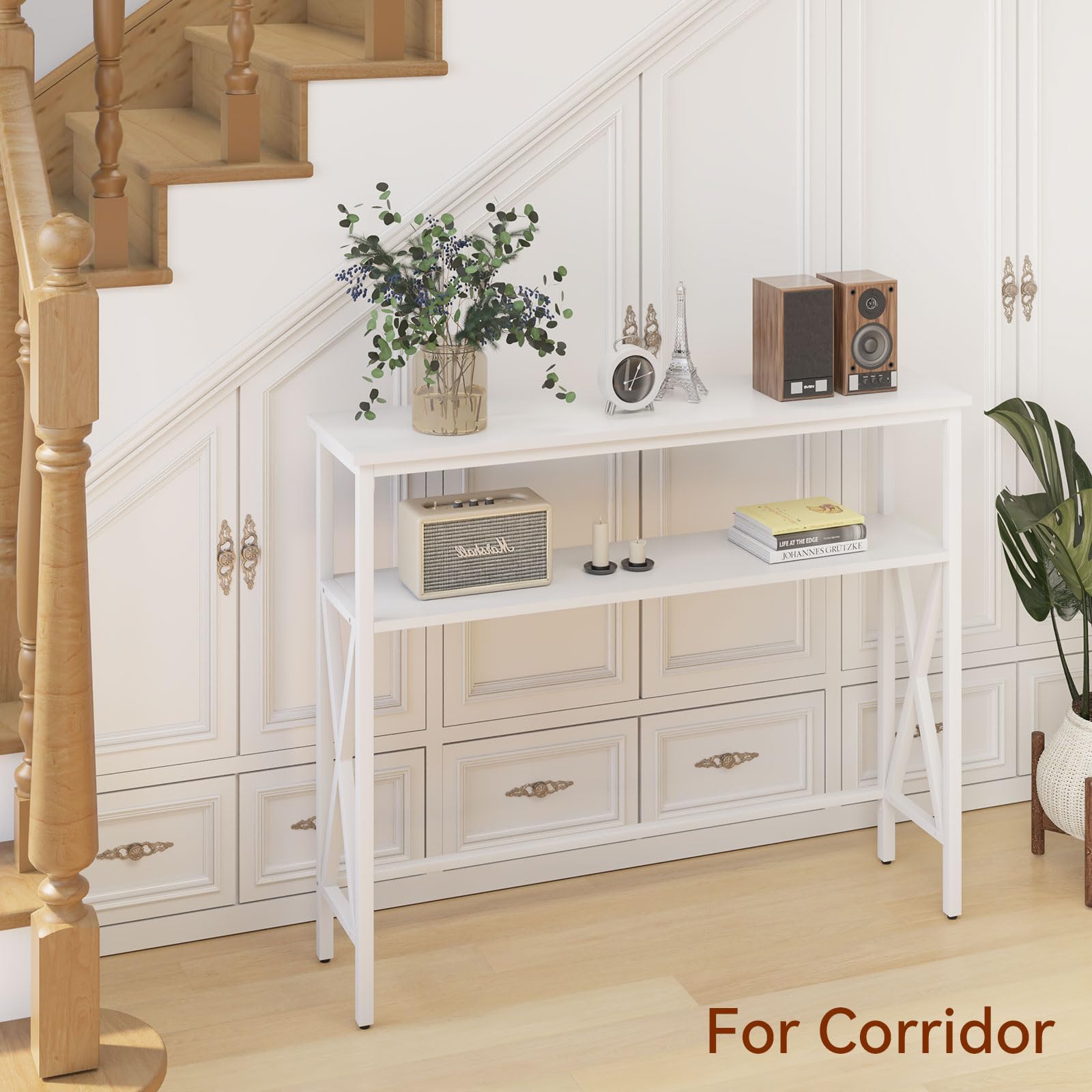 YMYNY Tavolo Consolle, Consolle Ingresso, Struttura Stabile in Acciaio, La piastra può essere regolata verso l'alto e verso il basso, per Soggiorno, Corridoio, 101×25×80.5CM Bianco HST007W