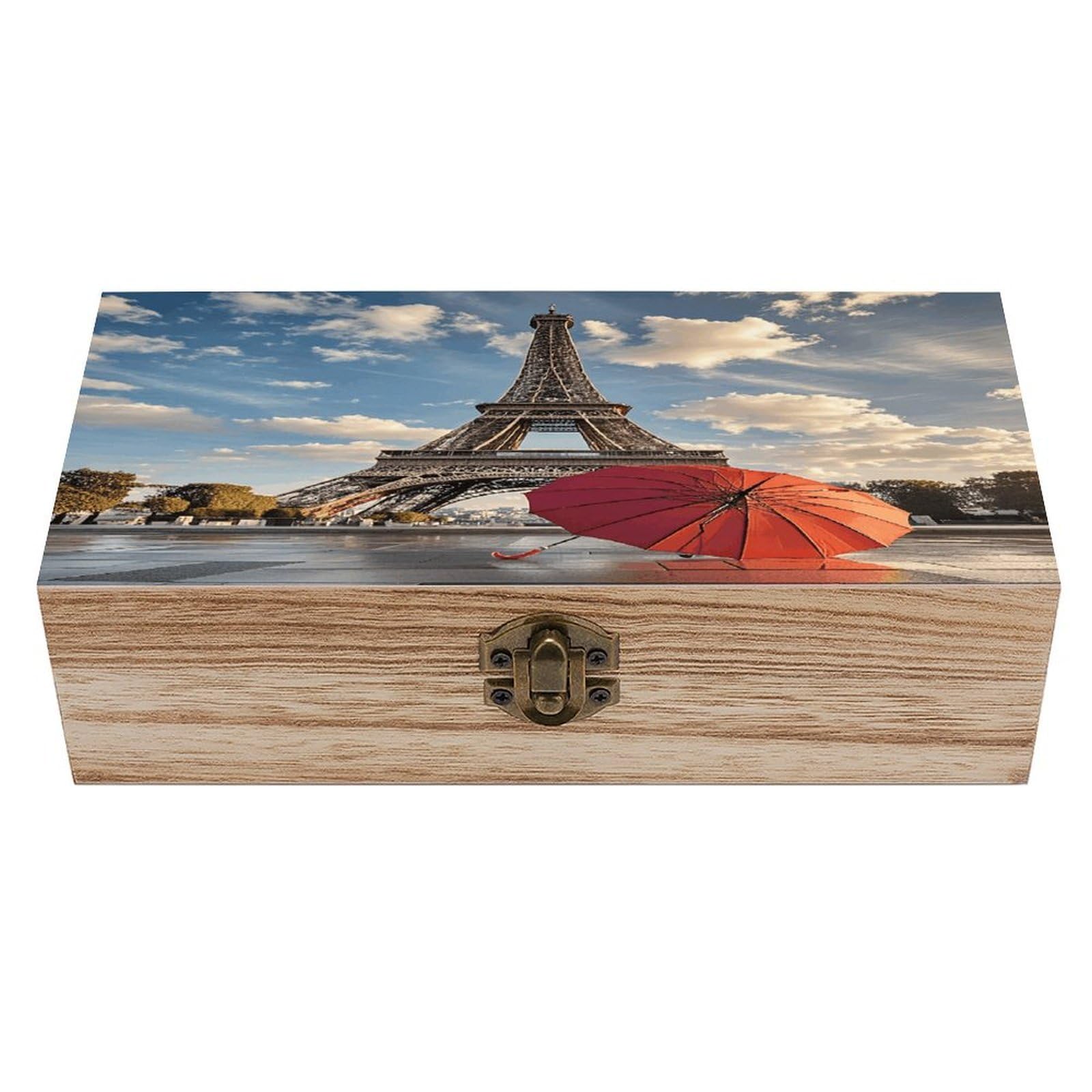 Eiffel Tower with Red Umbrella Wood Keepsake Box Wooden Box with Hinged Lid