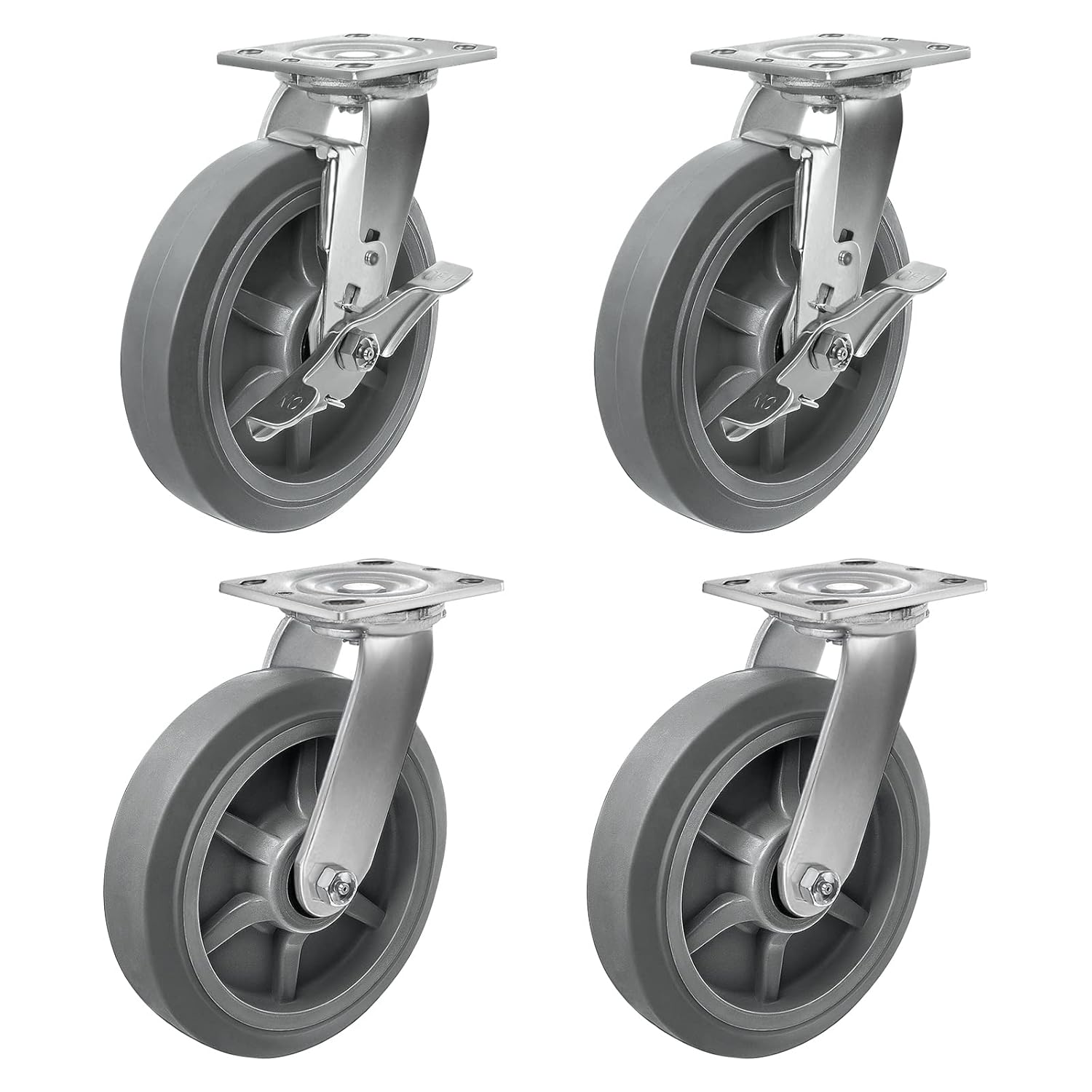 8x2 Heavy Duty Caster Wheels -Industrial Caster Wheels, Rubber Wheels(Flat Tread)- Set of 4 with up to 2800 LB Capacity - Use for Dollies, Workbench (8 Inch, 2 Brake &2 Swivel)