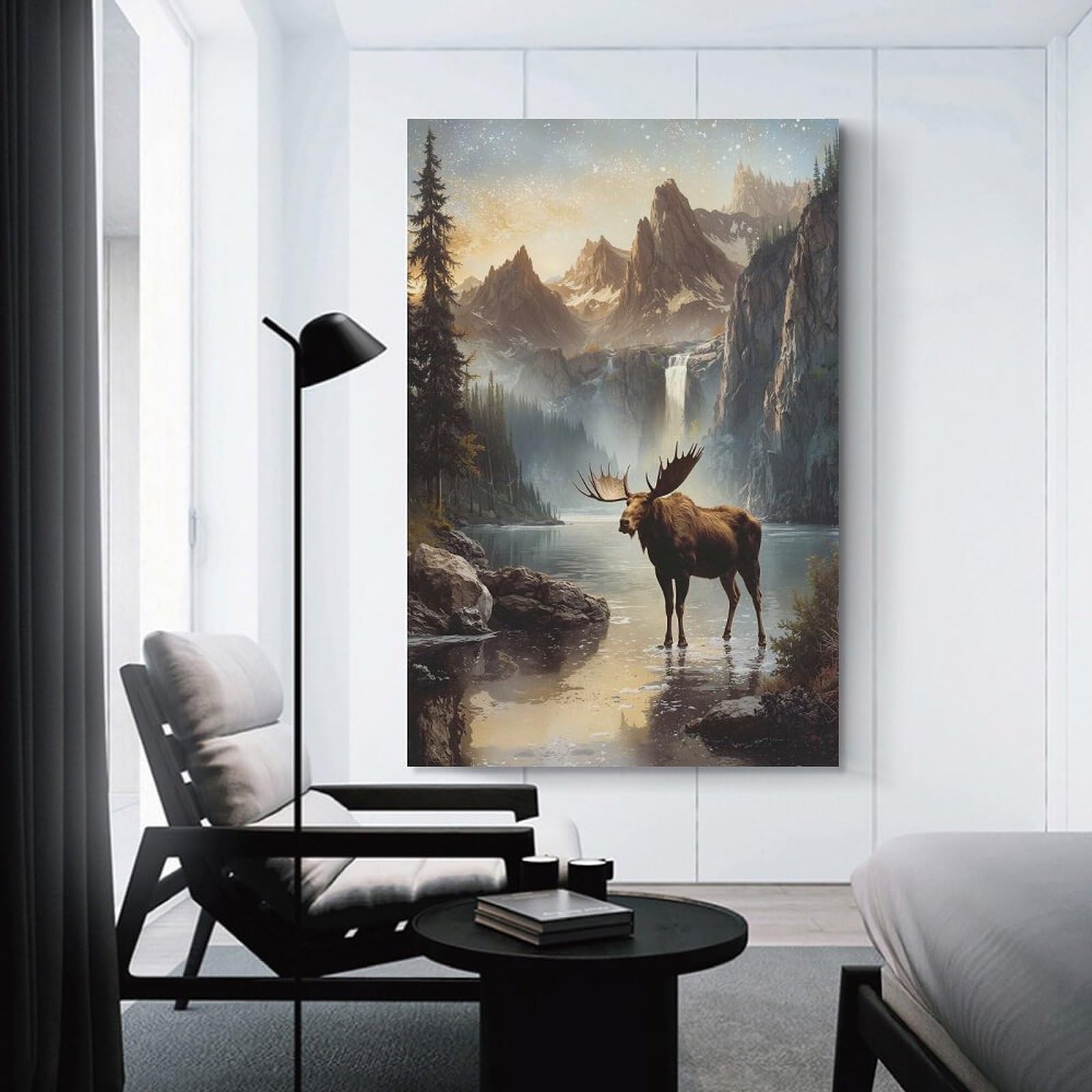 Junmoney Moose in Mountain Lake Landscape Canvas Wall Decor, 12x18inch(30x45cm), for Gallery Wall Decor And Room Displays, Wall Decor Suited to Curated Displays