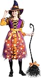 Spooktacular Creations Light Up Polka Dots Witch Tutu Costume for Girls Toddlers Starry Witch Dress with Magic Hat and Broom Purple Orange 3T (3-4 yr)