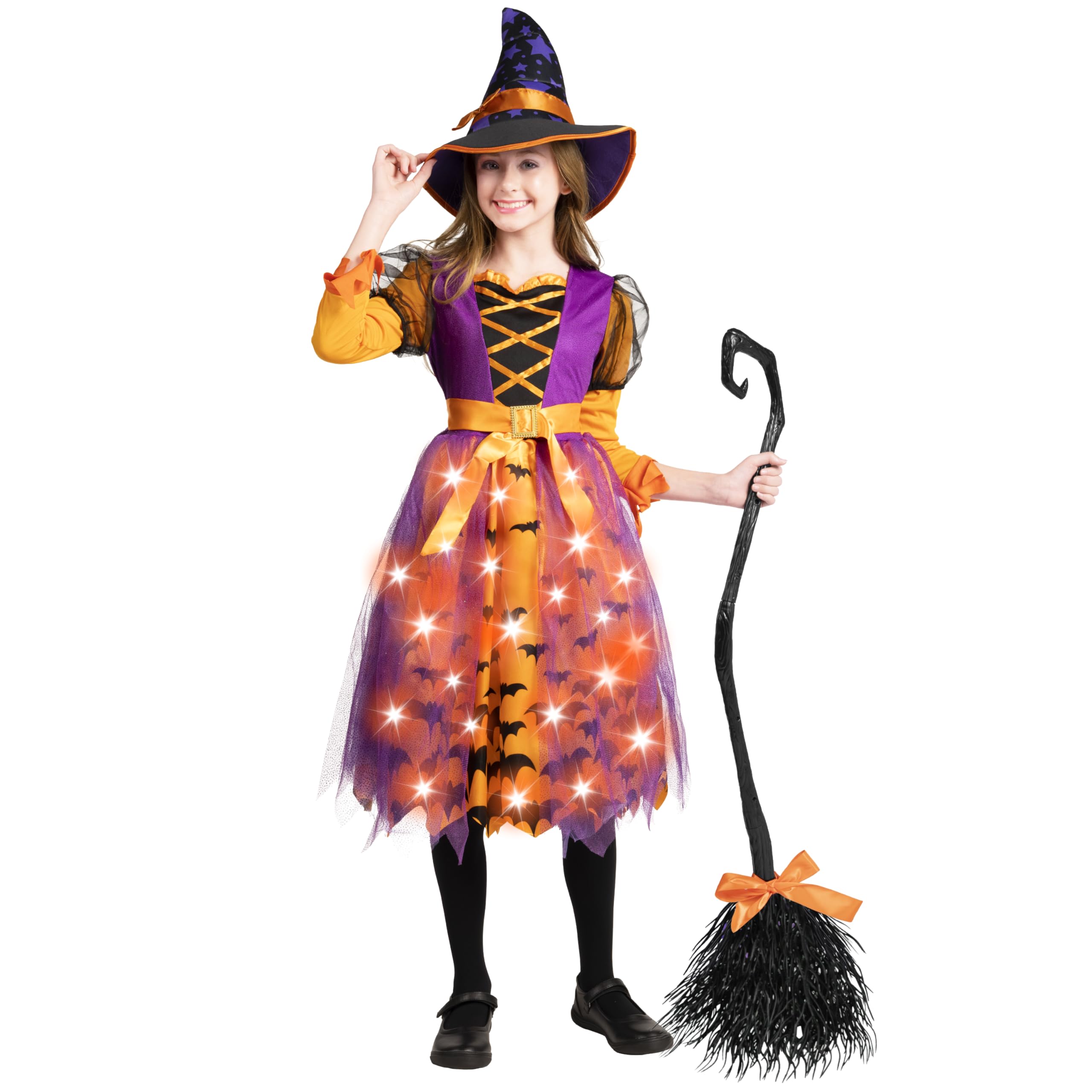 Spooktacular CreationsLight Up Polka Dots Witch Tutu Costume for Girls Toddlers Starry Witch Dress with Magic Hat and Broom