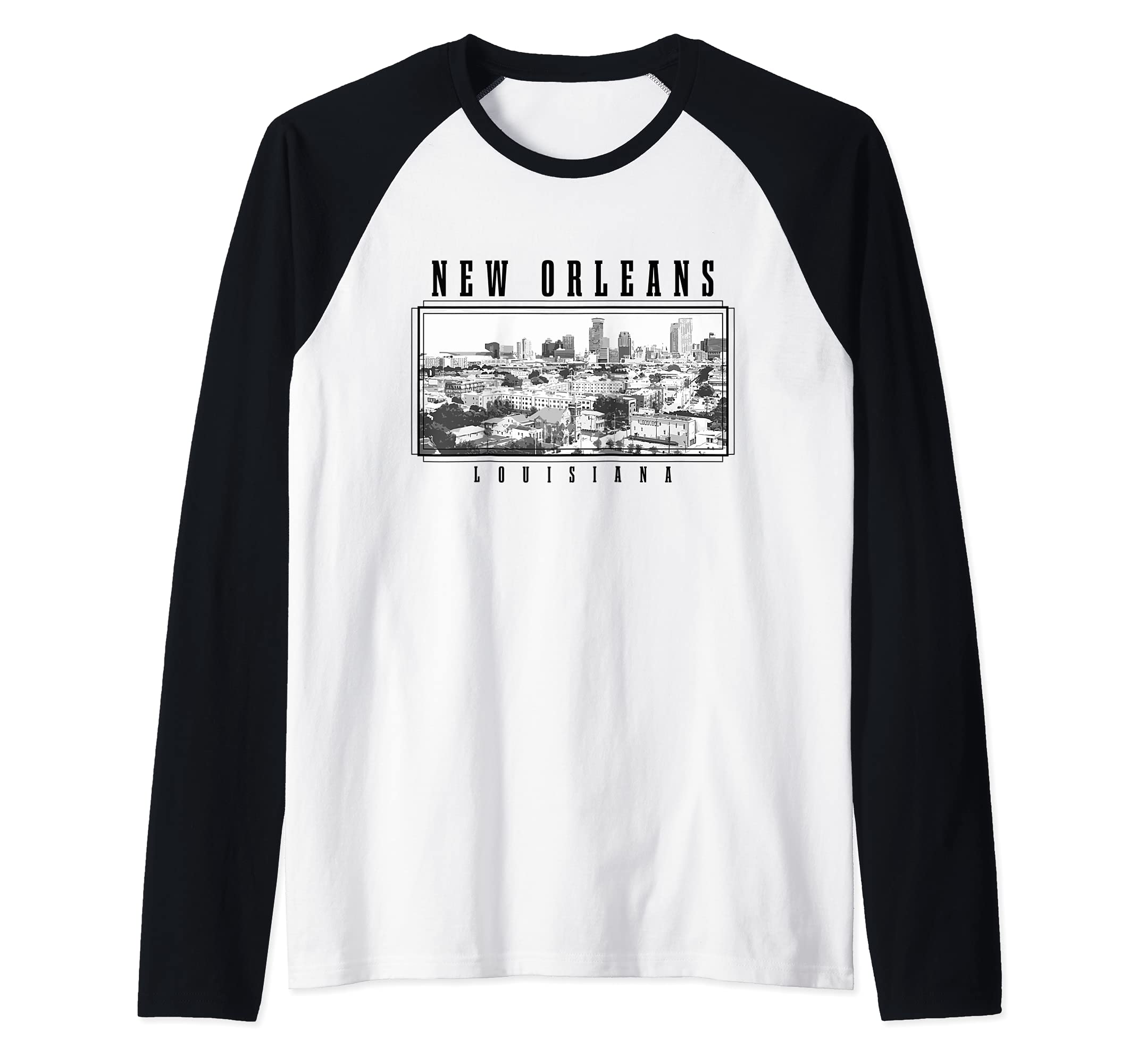 New Orleans Louisiana Vintage Skyline Black & White Nola Raglan Baseball Tee