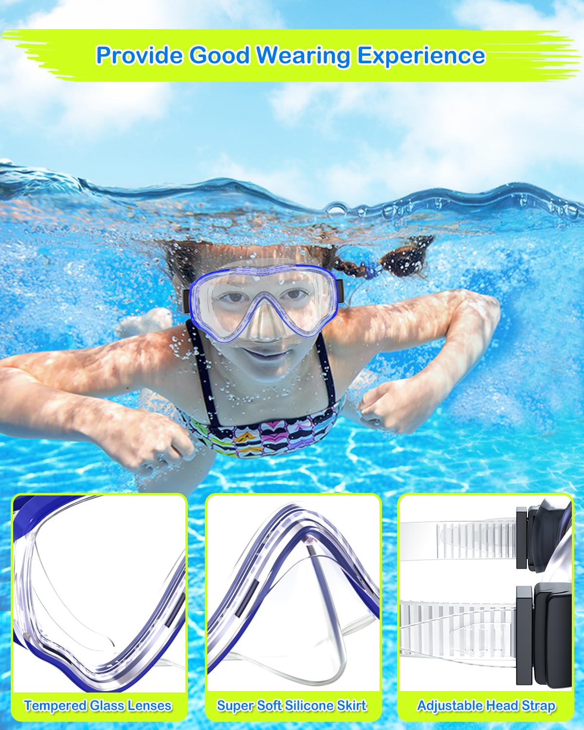 Maschera Snorkeling Bambini Con Vista 180° – Lenti In Vetro Temperato, Antiappannamento, Silicone Morbido, Regolabile, Per Piscina E Mare