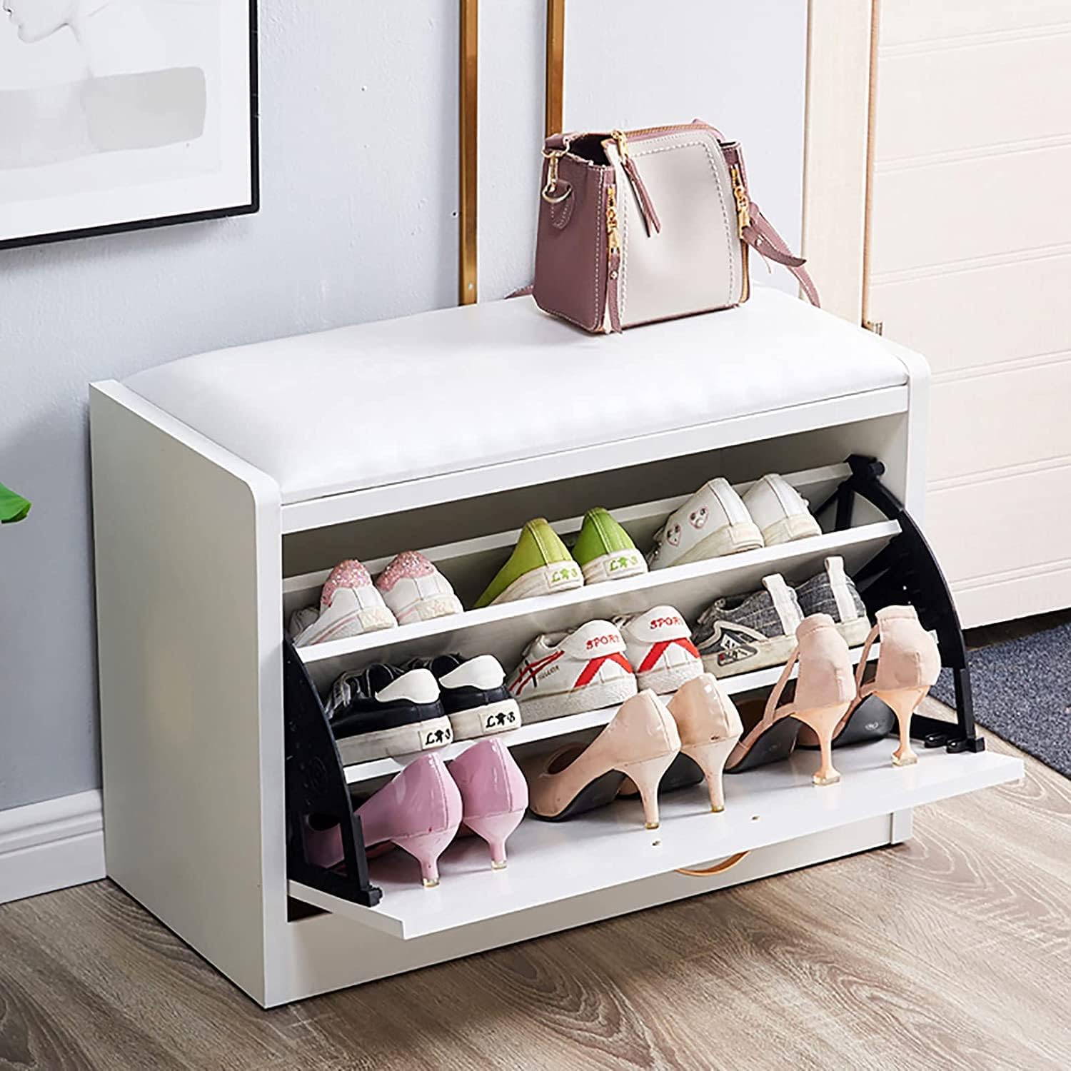 GRNVOBACModern Shoe Cabinet With Door-Wood Wooden Shoe Storage Bench With Hidden Shoe Rack,Entryway Shoe Bench With Leather Seat,Premium Hallway Shoe Organizer,Color:Wh