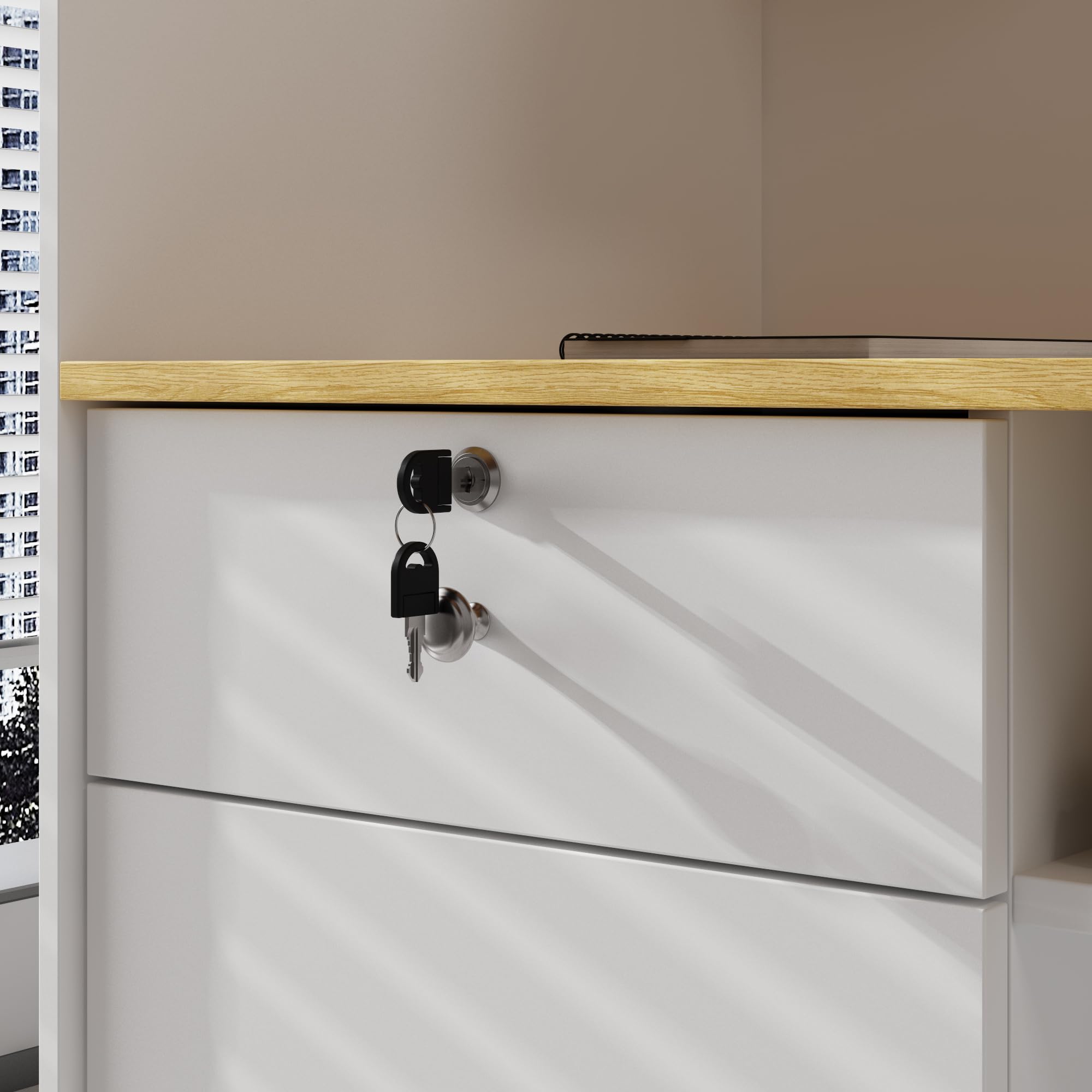 Banco reception, tavolo da reception, bancone con illuminazione a 3 colori, tavolo reception con 1 cassetto e 1 armadio, bancone con area espositiva aperta con 2 scomparti bianco + legno naturale
