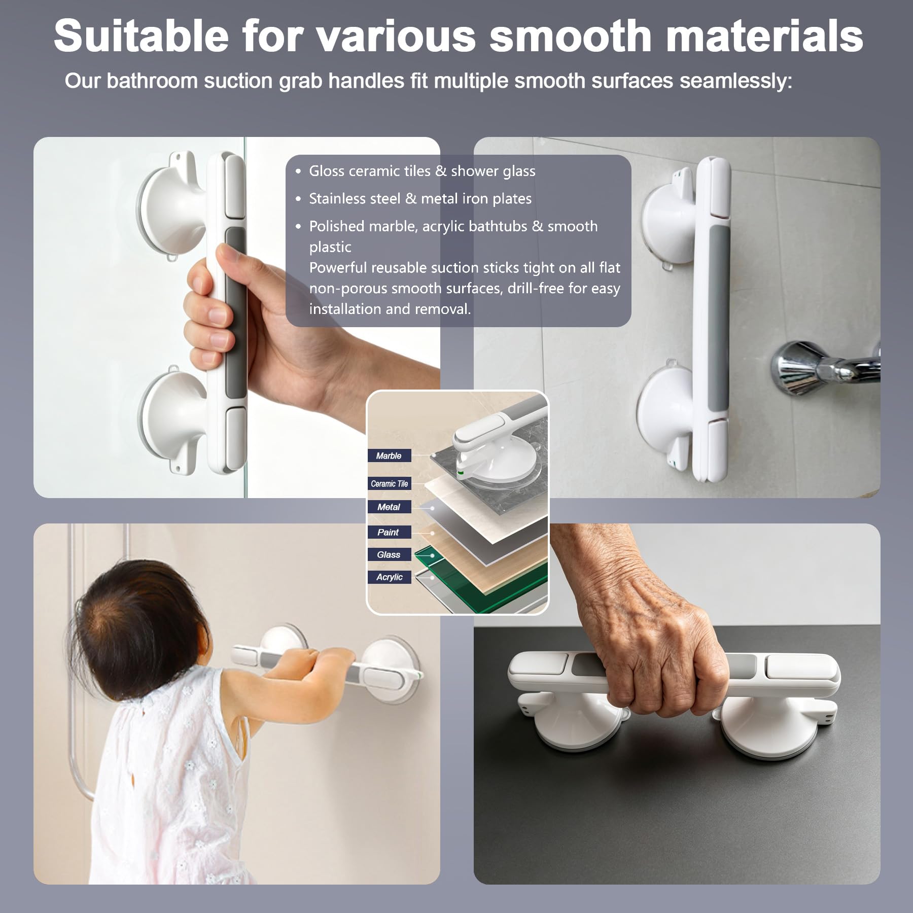 Lot de 2 barres d'appui à ventouse pour douche – Poignée de douche robuste de 33 cm pour la sécurité des personnes âgées – Barre d'équilibre de salle de bain pour personnes âgées handicapées