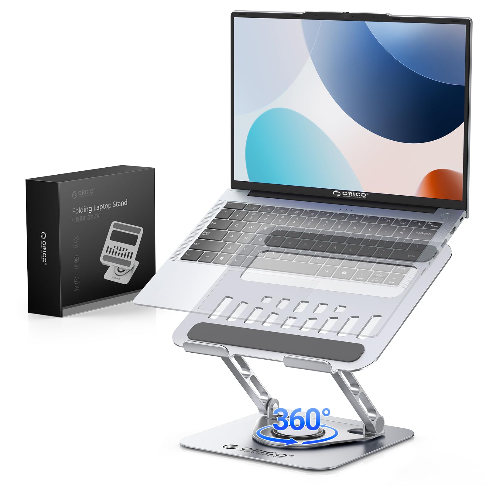 ORICO Support PC Portable Ergonomique Rotatif 360 Réglable Pliable Ventilé pour MacBook Air/Pro Dell XPS HP 10-17,3 Pouces ST12 Argent