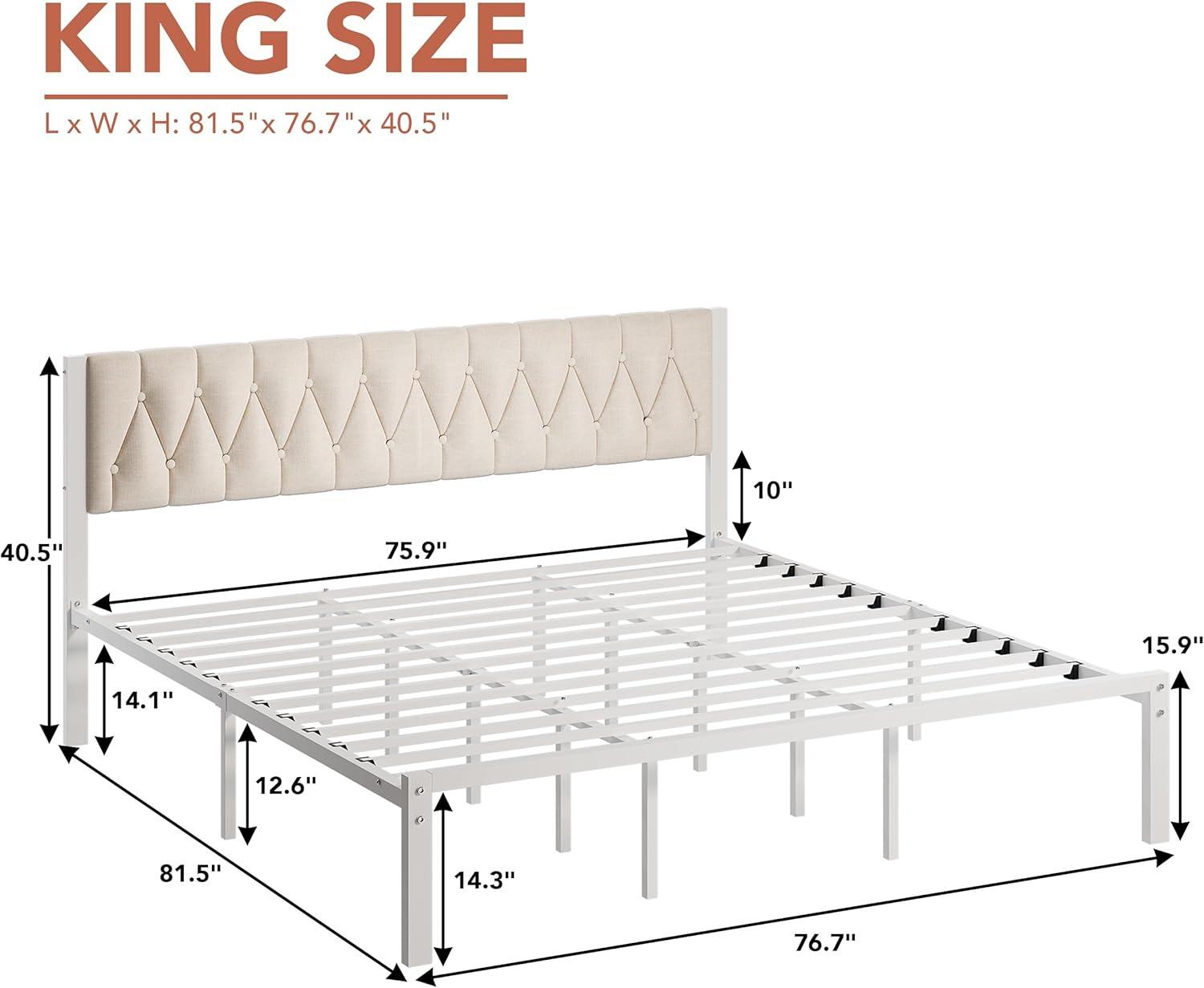 Decofy King Size Upholstered Bed Frame with Tufted Headboard and Raised Footboard, Metal Platform Bed Frame, Easy Assembly, Noise Free, No Spring Box Needed (Beige)