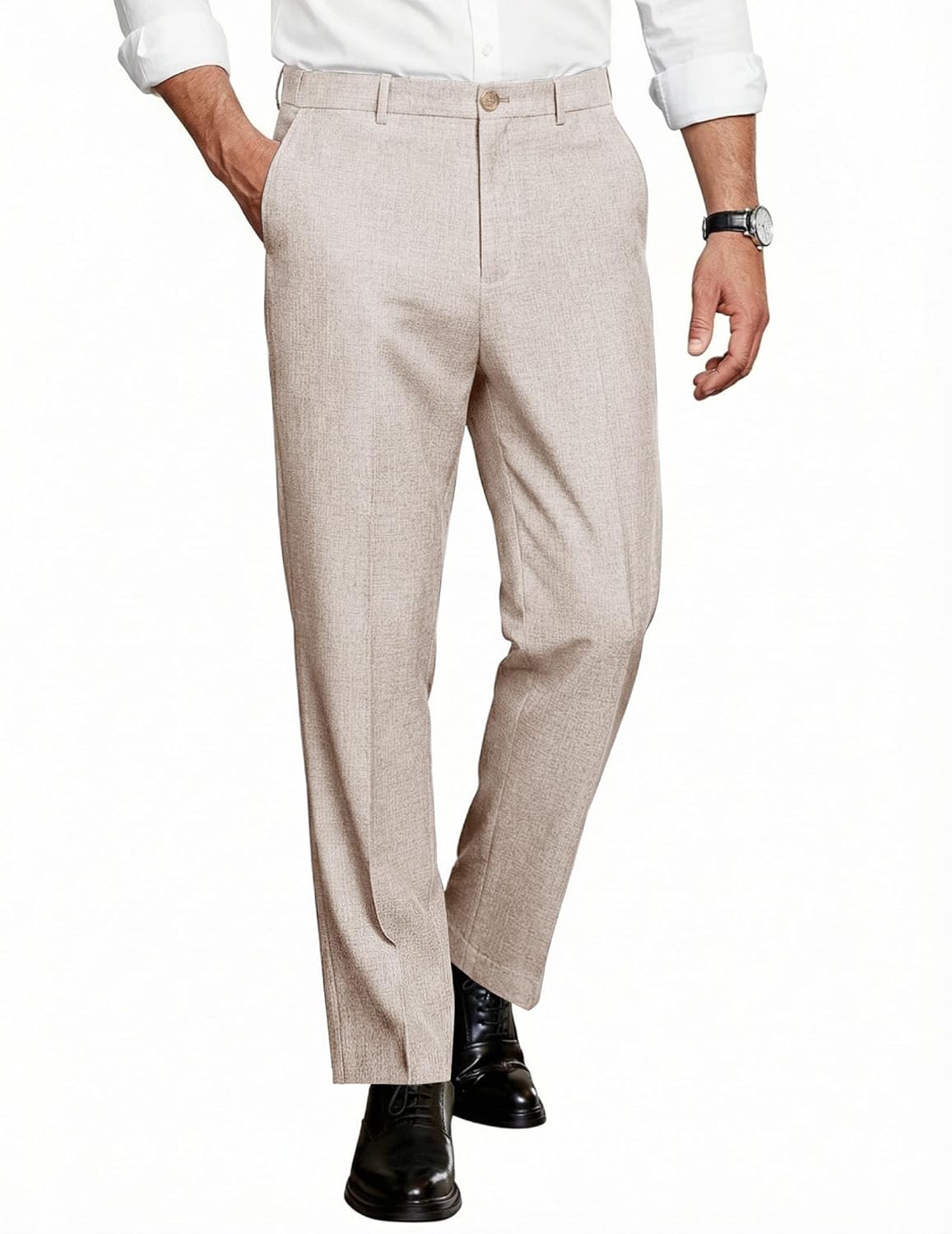 COOFANDY Calça social masculina, ajuste clássico, casual, frente plana, cintura expansível, calça social