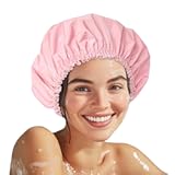 Shower Cap for Women&comma; Double Layer Waterproof Bath Cap&comma; Reusable Hair Protector&comma; Large Waterproof Shower Bonnet Washable Elastic Band Bath Hair Hat for Long Hair&comma; Braids， - Pink