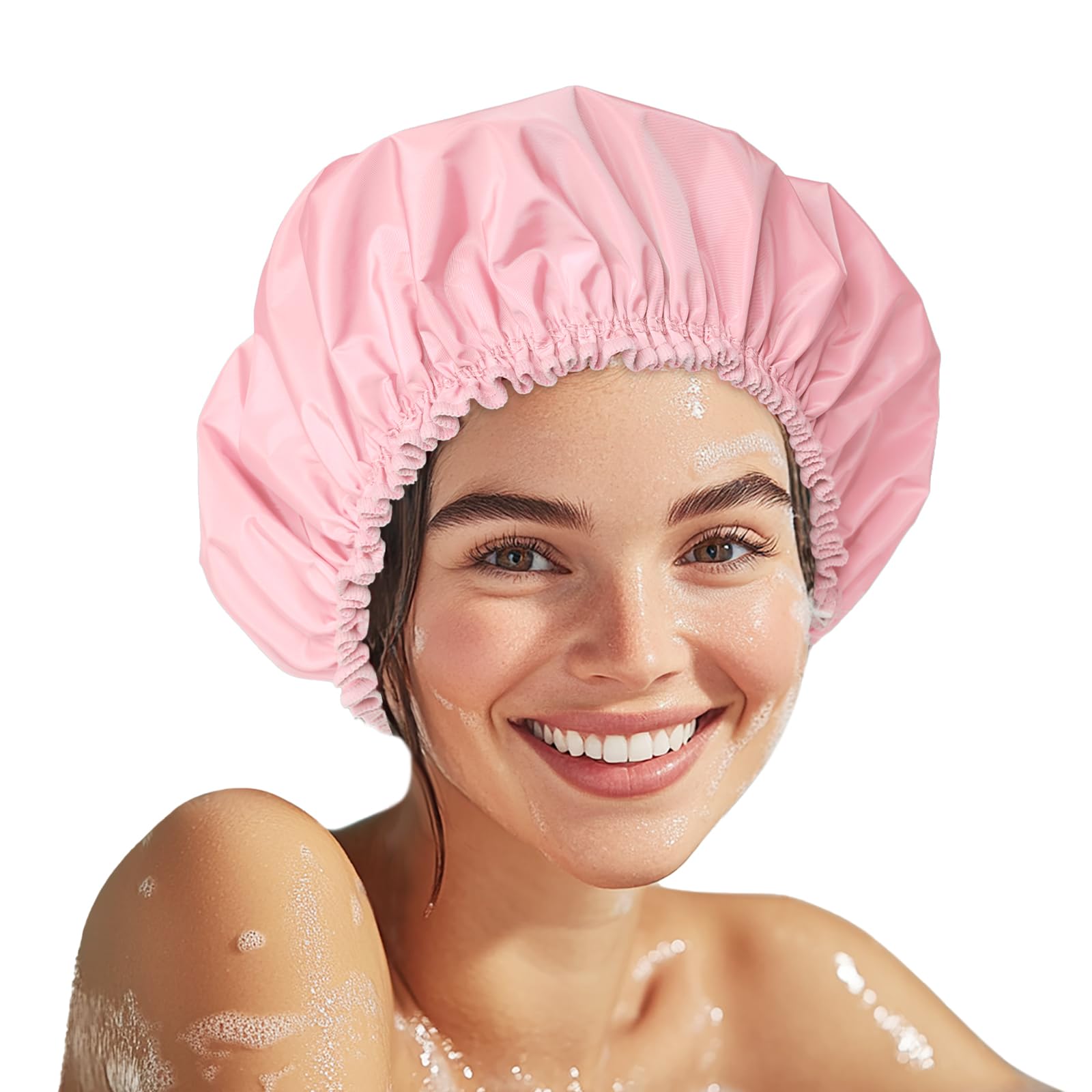 Shower Cap for Women, Double Layer Waterproof Bath Cap, Reusable Hair Protector, Large Waterproof Shower Bonnet Washable Elastic Band Bath Hair Hat