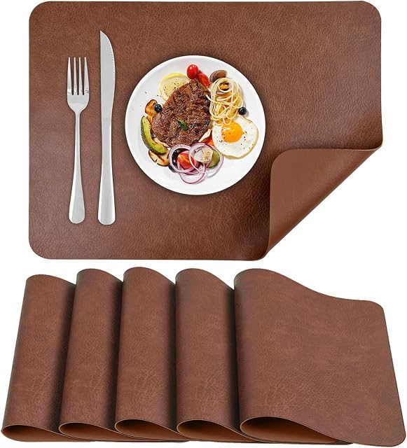 Set de Tables pour Table à Manger 6 Tapis de table lavables 17 × 12 Inch. Imperméable & Ensemble de matelas de place essuyables 6 Plastique extérieur en cuir faux pour table de patio cuisine à manger brun