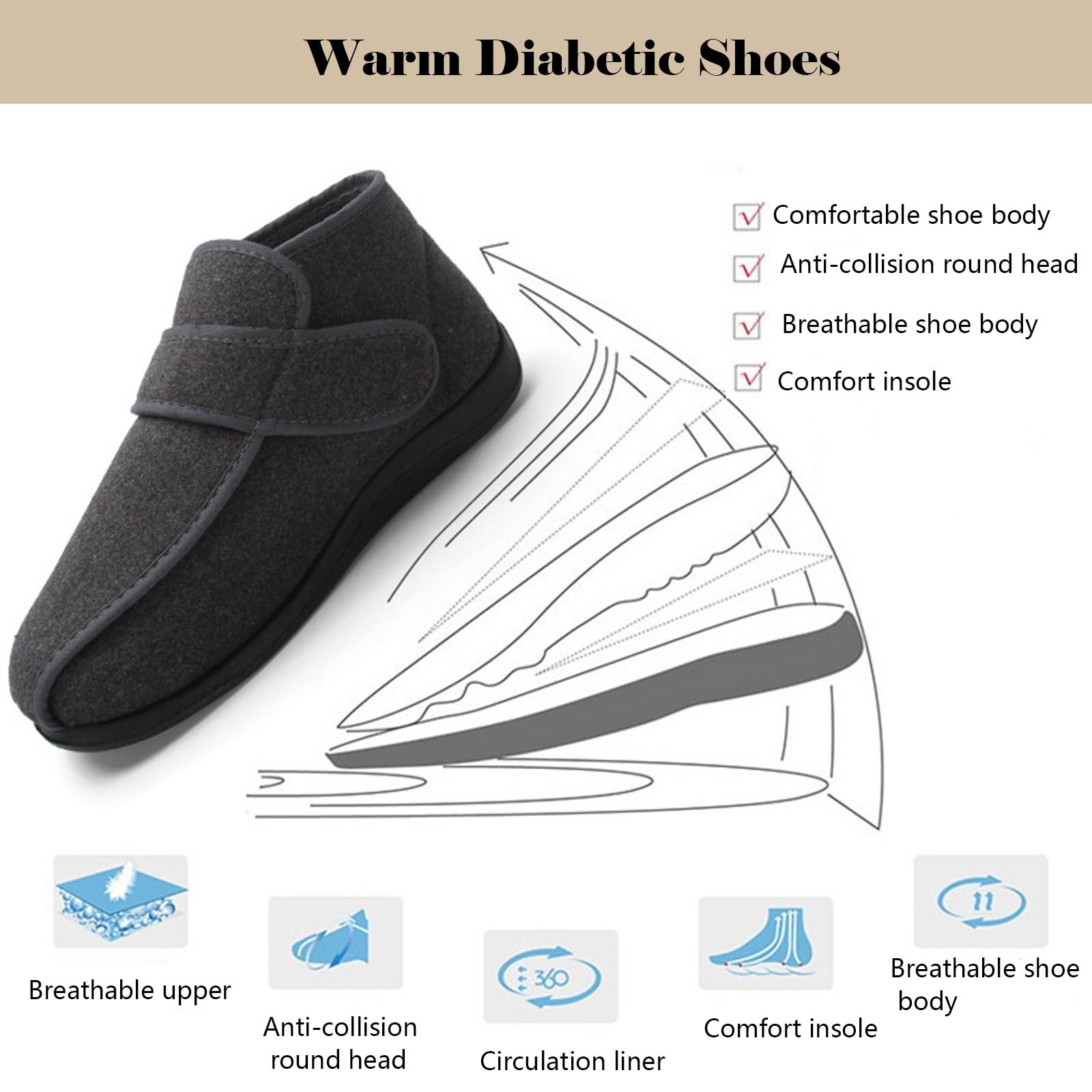 bumuam Respirable Zapatillas Zapatos,Zapatillas Ortopédicas para Diabéticos Extra Anchas para Ancianos, Cierre Ajustable para Pies Hinchados, Edema, Artritis EU 32(21.5cm/8.4in)
