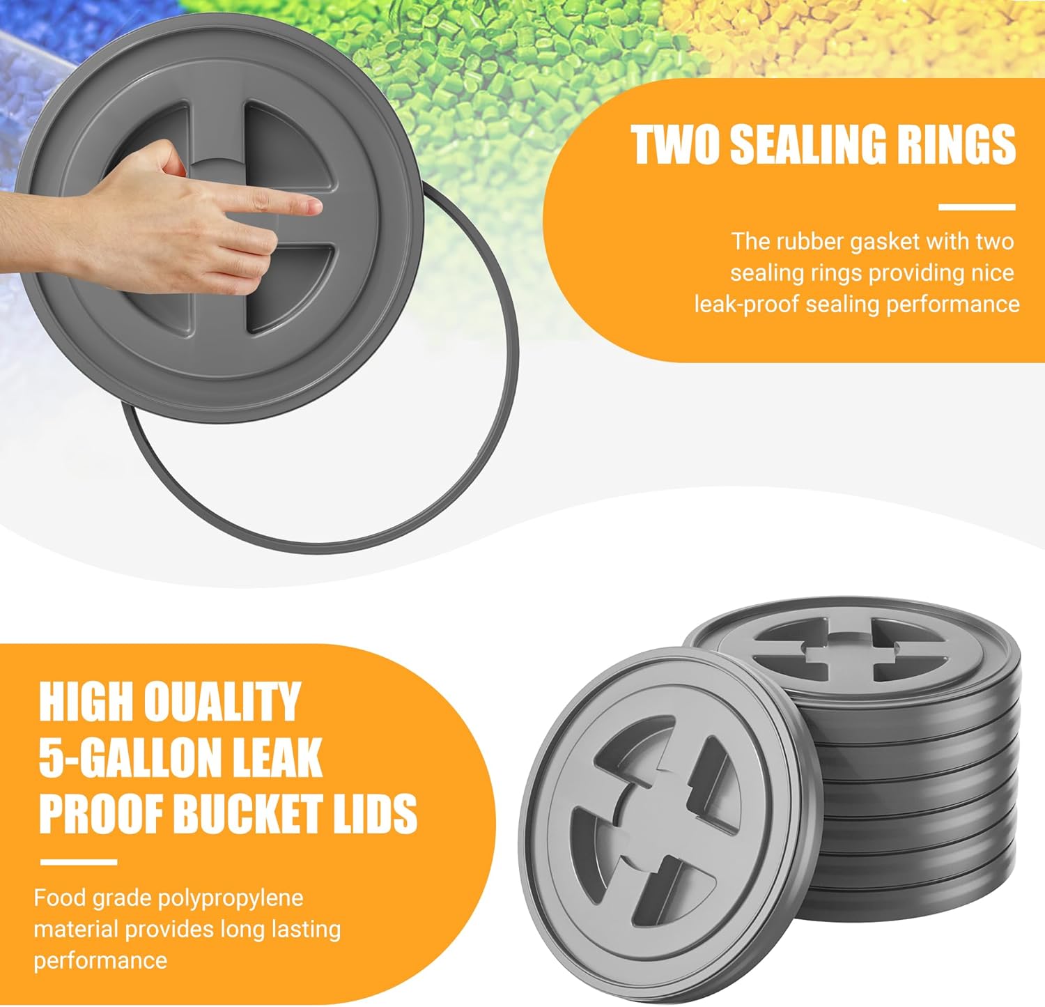 4 Pieces 5 Gallon Bucket Lids, 12inch Leak-proof Plastic Seal Screw Top Airtight Lid, Reusable Drum & Pail Lid for Pet Food Storage, Home Paint Storage and Industrial Storage Buckets -Grey