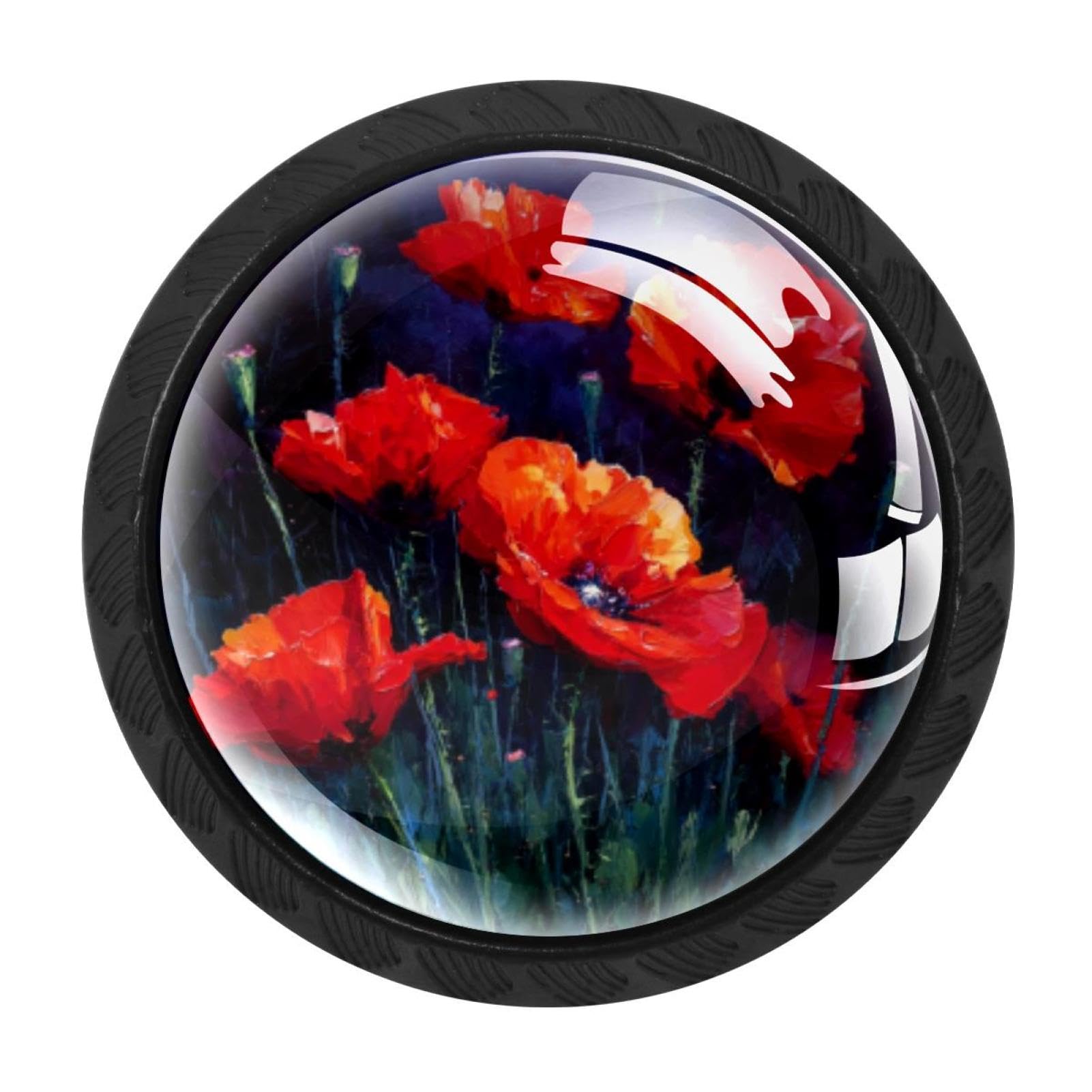 CHENZZZZ 4 Pack Cabinet Knobs Black Drawer Knobs Round Kitchen Cabinet Knobs Red Poppy Flowers (3) Cabinet Handles Hardware Dresser Knobs and Pulls for Bathroom Cabinets