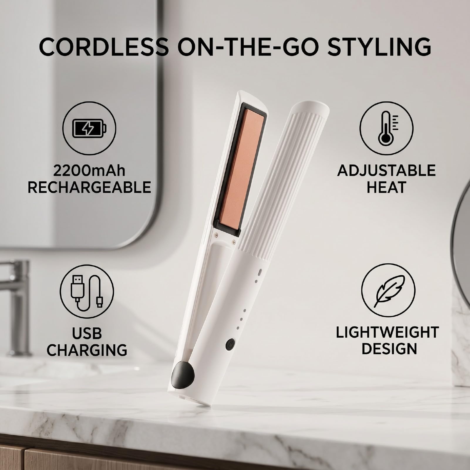 ZJchao Plancha de Pelo Inalámbrica, Mini Rizador Recargable por USB con 3 Temperaturas 160-200°C, para Viajes, Dormitorio y Salón (WHITE)