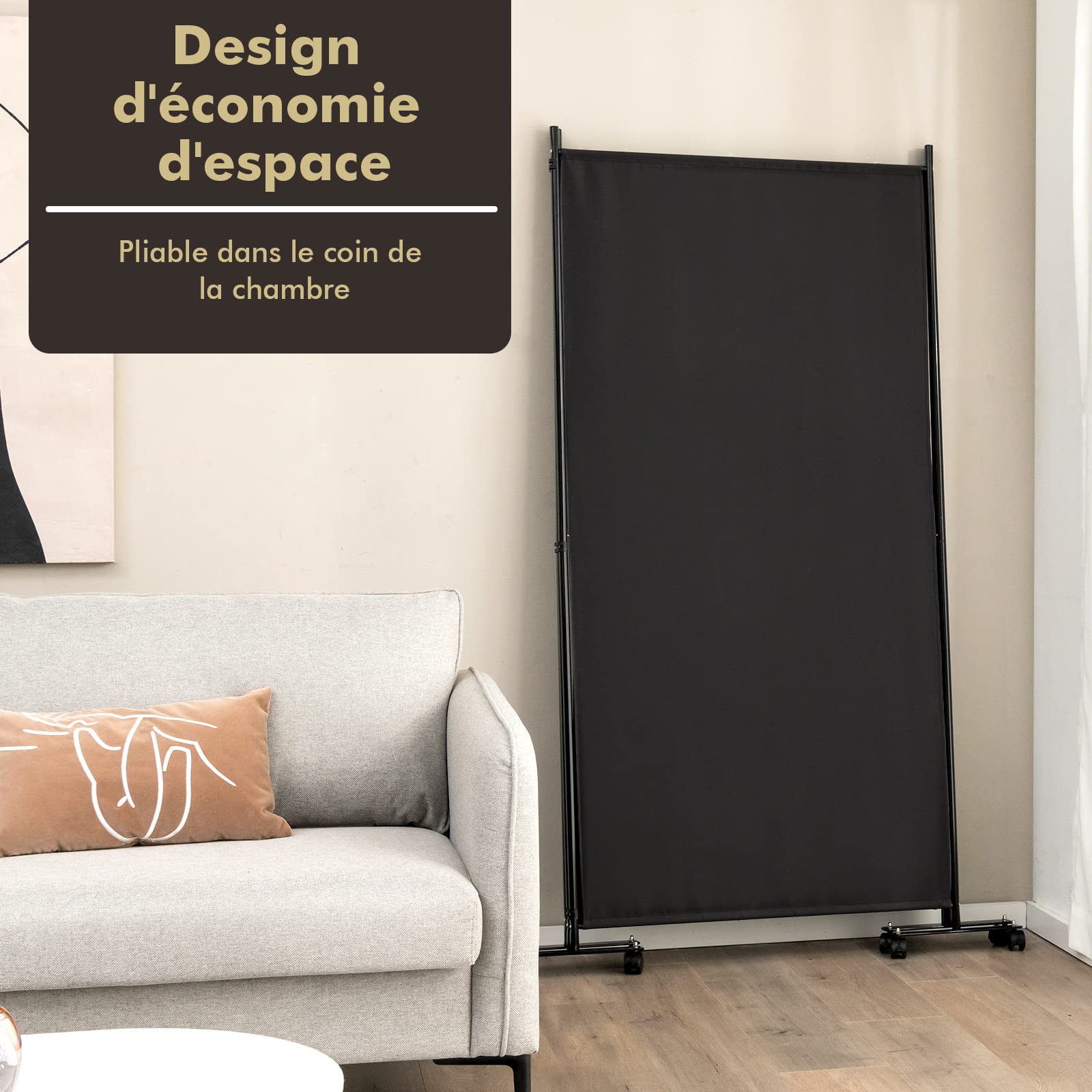 COSTWAY 262x180cm Paravent Intérieur 3 Panneaux à 8 roulettes, Cloison de Separation Interieur Pliable, Cadre en Metal, Tissu Polyester, Separateur de Pieces pour Salon Bureau Balcon (Noir)