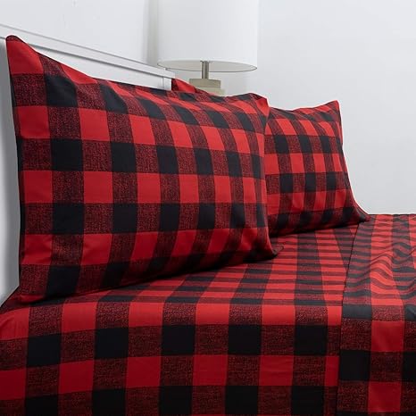 1800 Thread Count Sheet Set – Soft Egyptian Quality Brushed Microfiber Sheets – Luxury Bedding Set with Flat Sheet, Fitted Sheet, Pillow Cases, Full, Buffalo Check Burgundy, Sheet Set