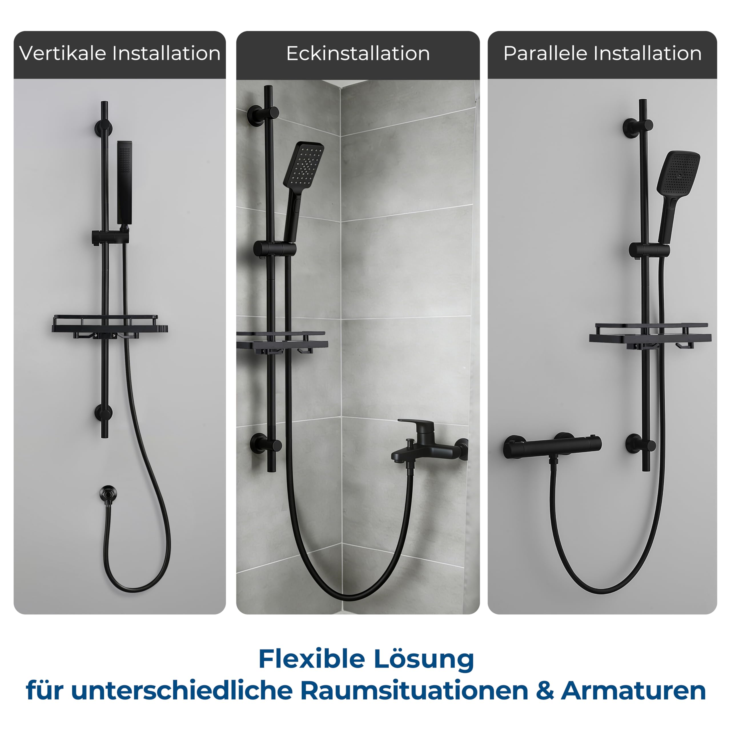 JOHO Barra de Ducha de Acero Inoxidable, Columna Ducha Sin Grifo con Soporte de Alcachofa y Soportes de pared Ajustable Adaptarse a los orificios existentes, Estante, 100 cm Negro