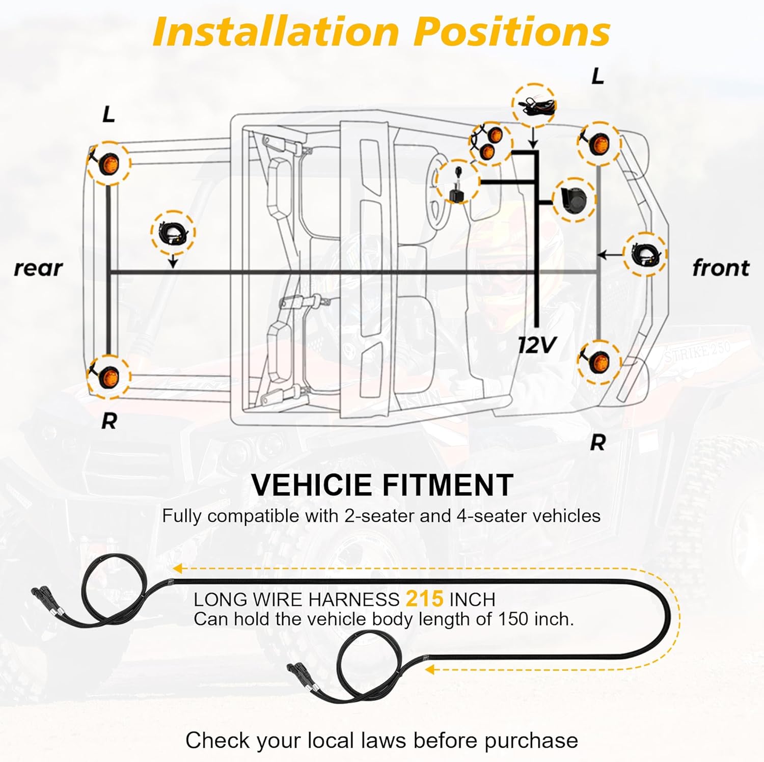 Universal UTV ATV Turn Signal Kit with Column Turn Switch, Hazard Compatible with Polaris, Pioneer, Talon, Can-Am, Kawasaki, Arctic Cat, UTV Street Legal with Amber LED Blinker Kit Plug and Play