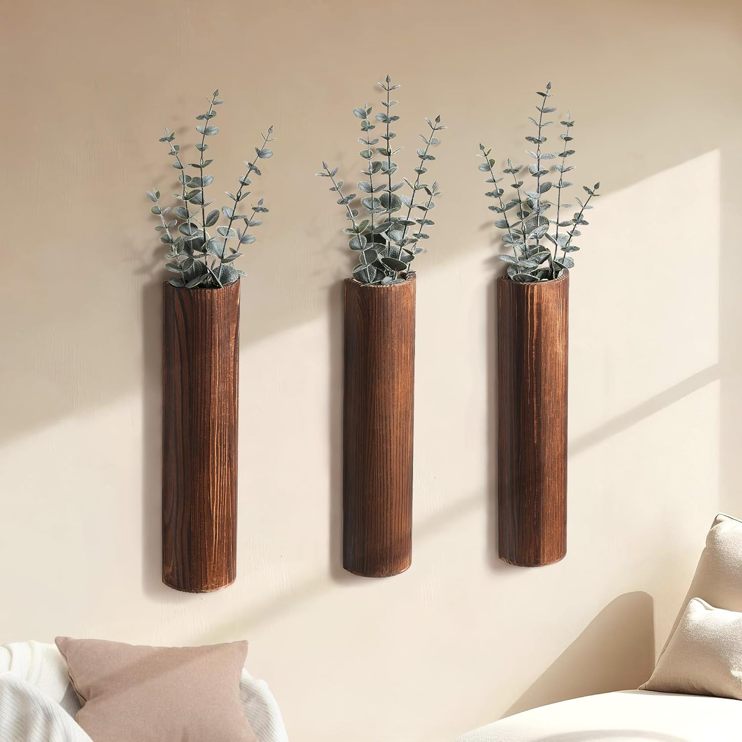 Wood Wall Planter with 15pcs Artificial Eucalyptus, Modern Decor for Living Room Bedroom Bathroom Entryway, Farmhouse Boho Wall Vases for Dried Flowers and Faux Plants - 3 Pack