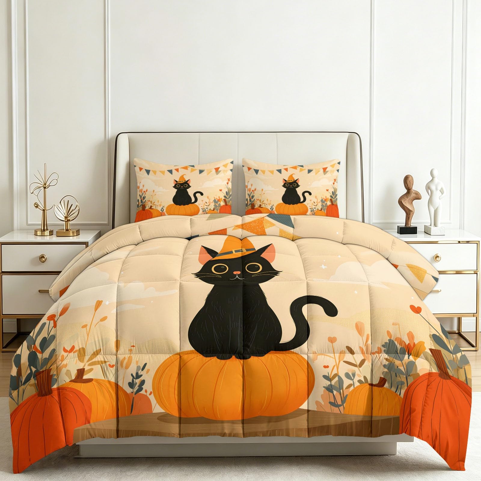 Kołdra z nadrukiem 220 x 240 cm Cartoon Halloween Cat Dynia Kołdra bez poszwy na 4 pory roku, miękka i oddychająca kołdra z mikrofibry dla dzieci Dorośli Dekoracja pokoju, kremowa
