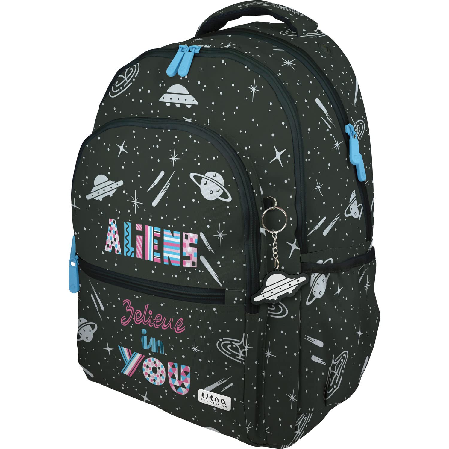 Grafoplás| School Backpack Three Compartments | 33 x 46 x 22.5 cm | Padded Zone for Laptop | Roomy Model | Aliens Design | Elena Corredoira, Black/White, 33x46x22,5cm, School, Black/White,