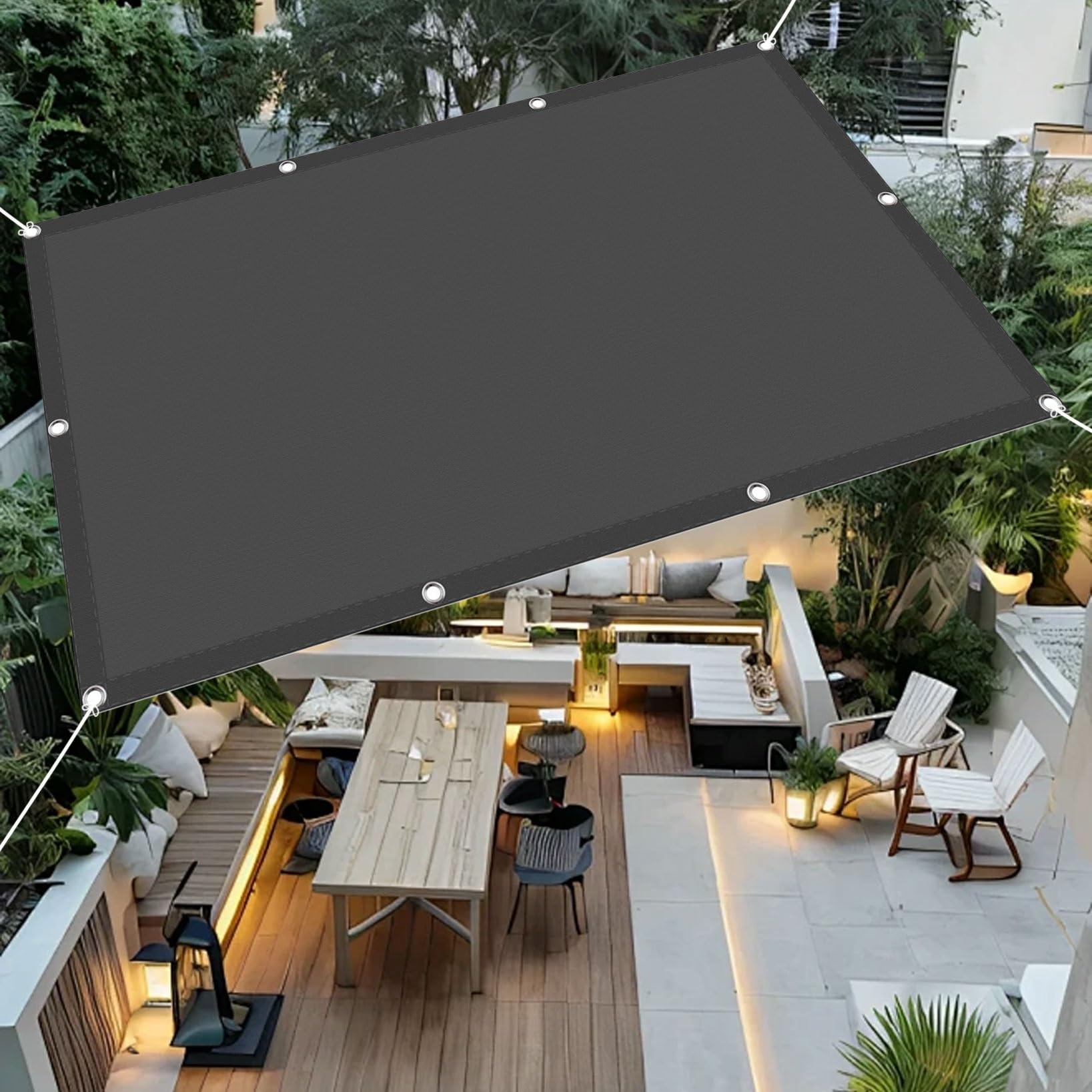 Voile d'ombrage 650x700 cm contre la chaleur et la pluie sur le patio