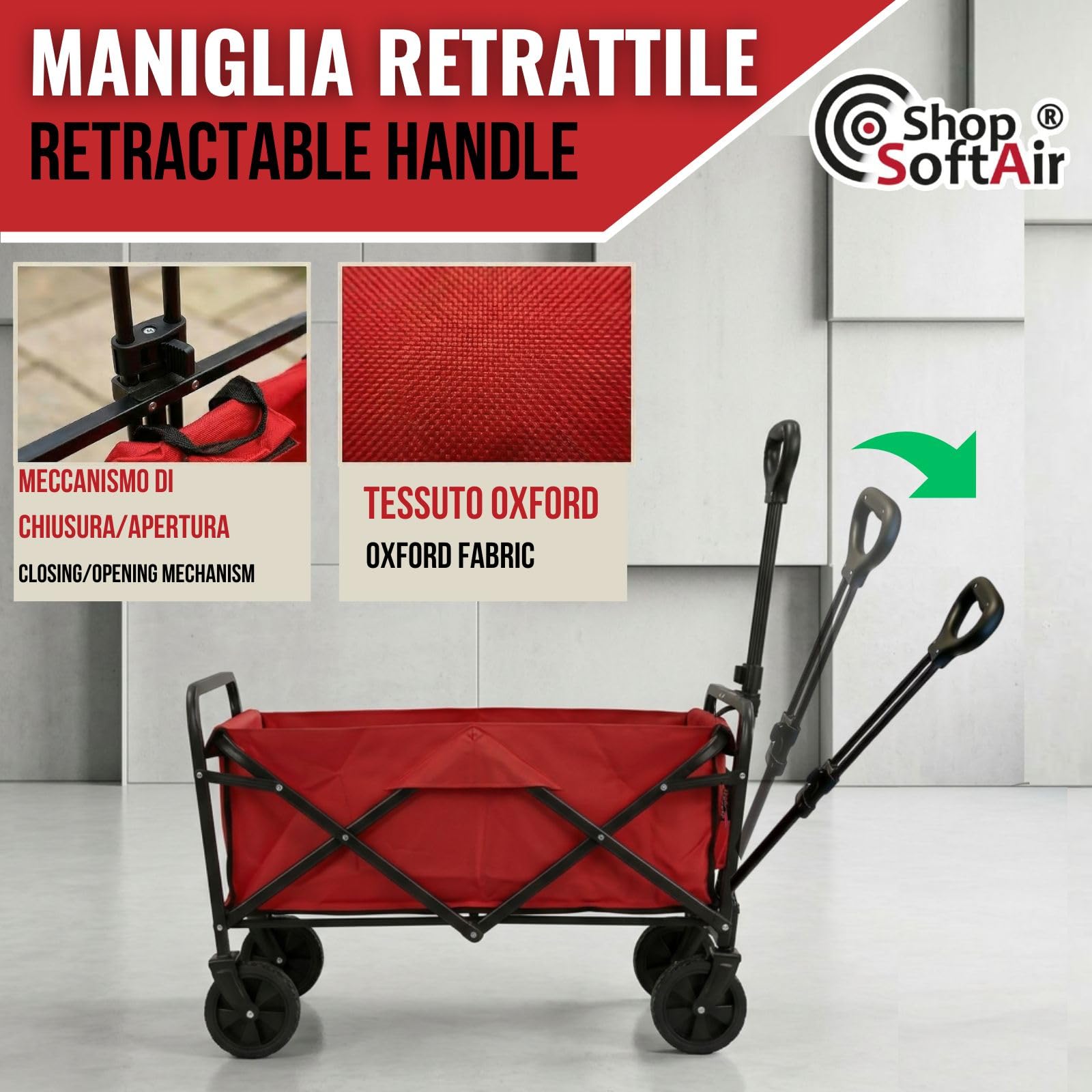 Carrello Pieghevole con Manico Retrattile, Tessuto Oxford, 43x78,5 cm, Portata 75 kg, Blu e Rosso, Perfetto per Campeggio, Giardinaggio e Gite in famiglia (Rosso)
