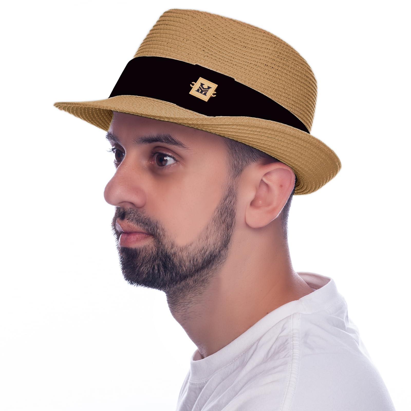 HEYANN Sombrero de paja Fedora para mujer, sombrero de paja para hombre, sombrero de paja en trilby fedora para hombres, mujeres y niños, sombrero panamá con cinta de tela, sombrero de verano para