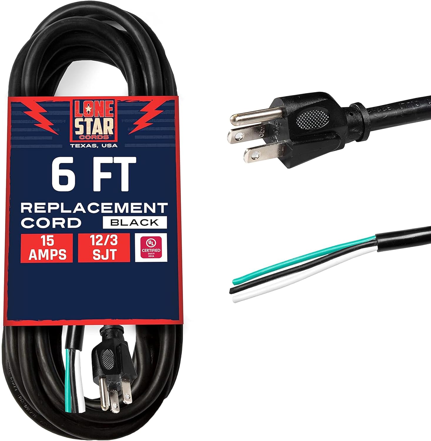 Lonestar 12 AWG Replacement Power Cord with Open End - 6 Ft Appliance and Power Tool Cord 15 Amp, 12/3 SJT, NEMA 5-15P - Texas Based American Business