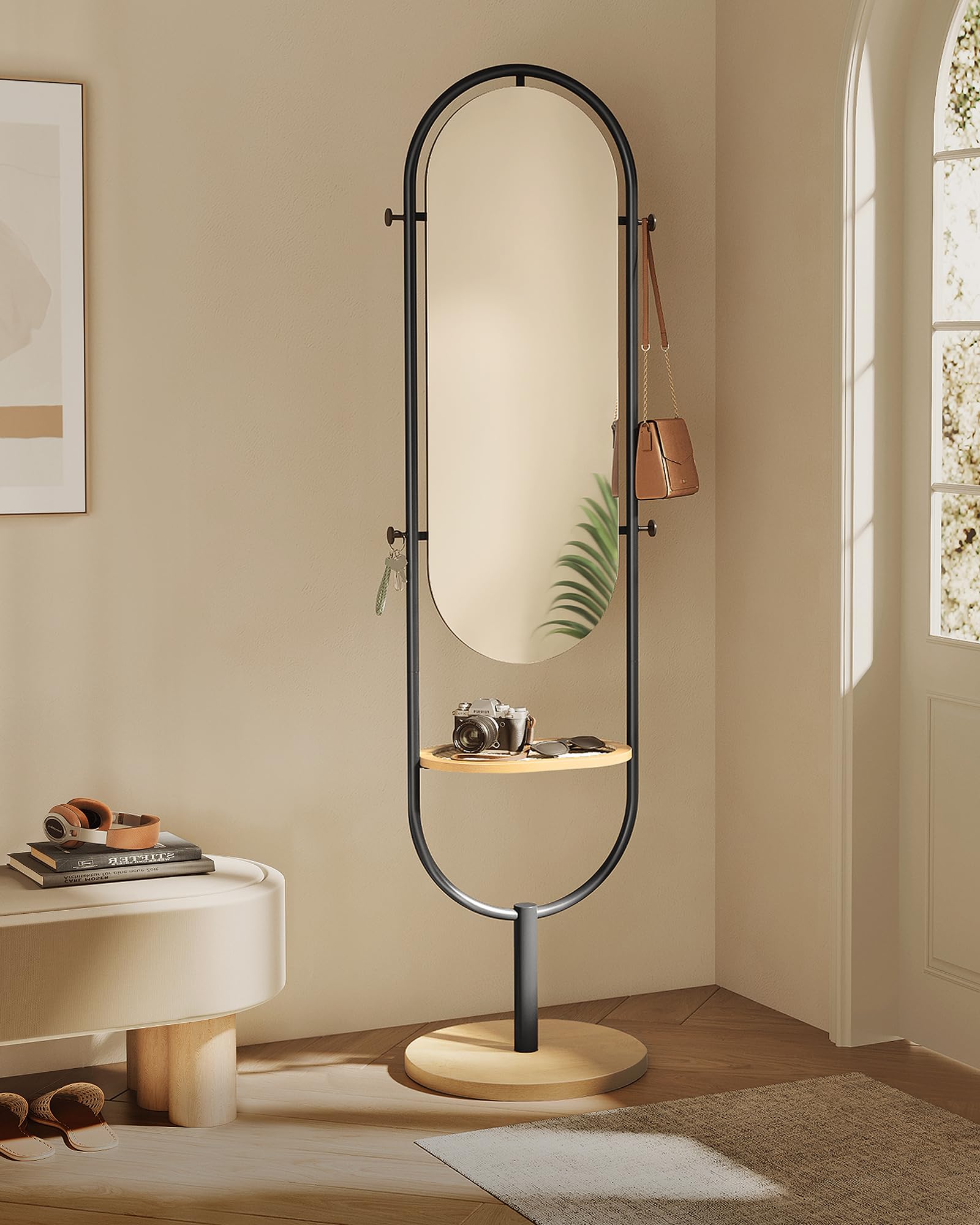 SONGMICS Full-Length Floor Mirror, 3-in-1, Modern Standing Full Body Boho Mirror, Inspired by Original Award-Winning Design, 16.5 x 18.9 x 68.9 Inches, Living Room, Bedroom, Oak Beige and Ink Black