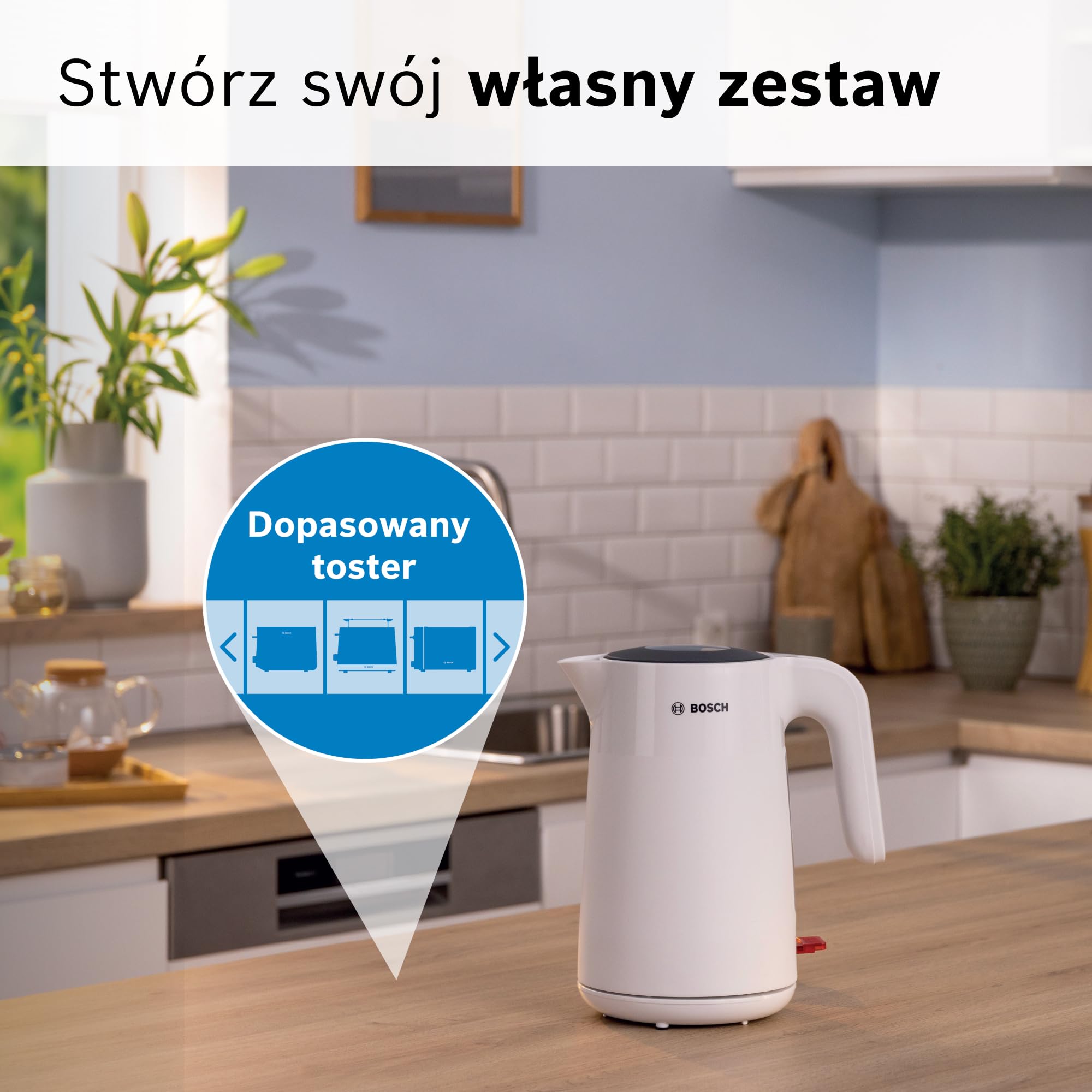 Bosch, czajnik elektryczny, MyMoment, ergonomiczna budowa, duży otwór, potrójne zabezpieczenie, filtr antyosadowy, pojemność 1,7 l, wysokiej jakości plastik, biały, TWK2M161