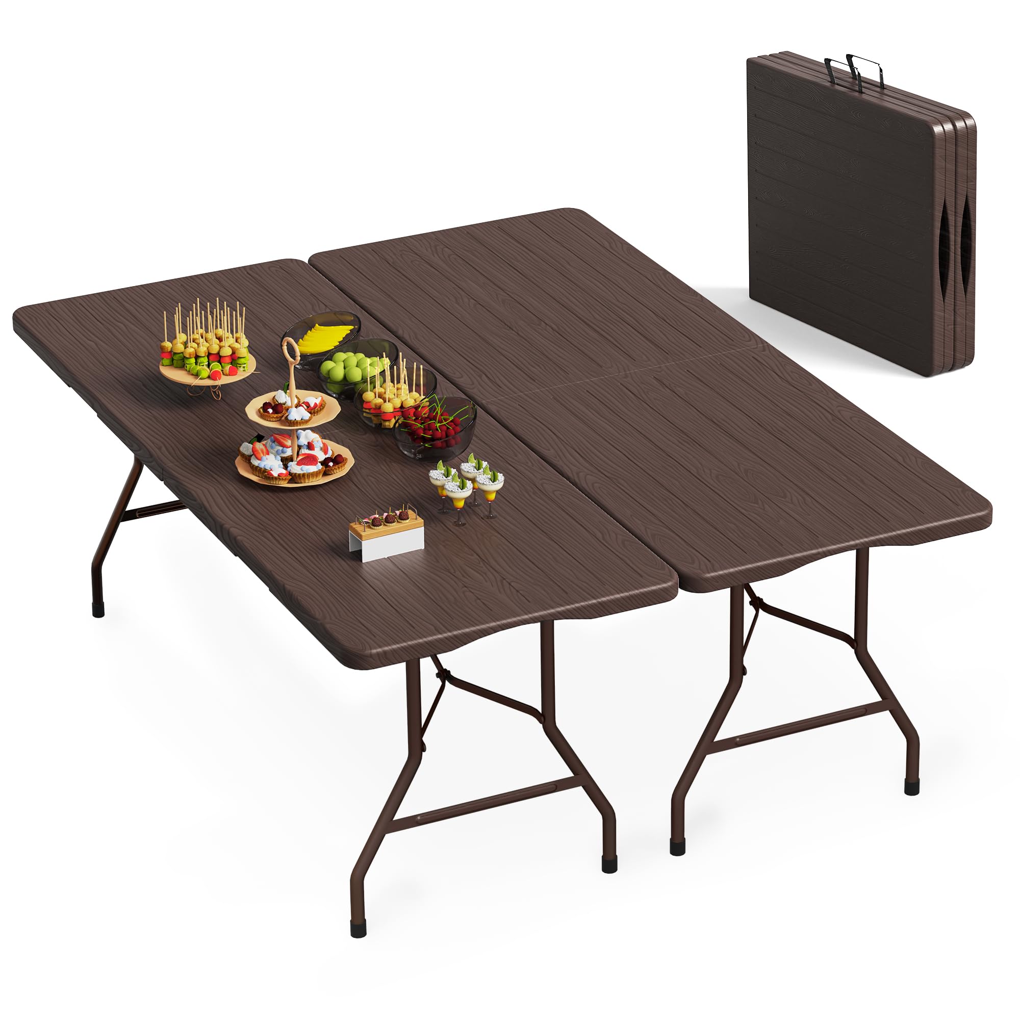 VSOAEIL Set of 2 6 Foot Folding Table for Indoor Outdoor, Portable Heavy Duty Fold-in-Half Utility Plastic Foldable Dining Table with Carrying Handle