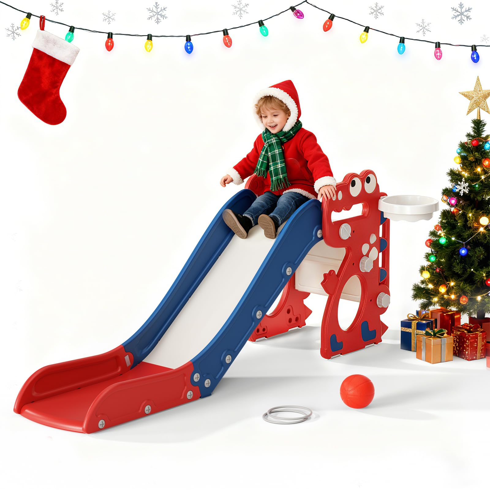 Scivolo per bambini, scivolo pieghevole 3 in 1, con canestro da basket, pallacanestro, lancio dell'anello, per età 18-36 mesi, scivolo extra lungo H650 x L330 x P1520mm (blu-rosso)
