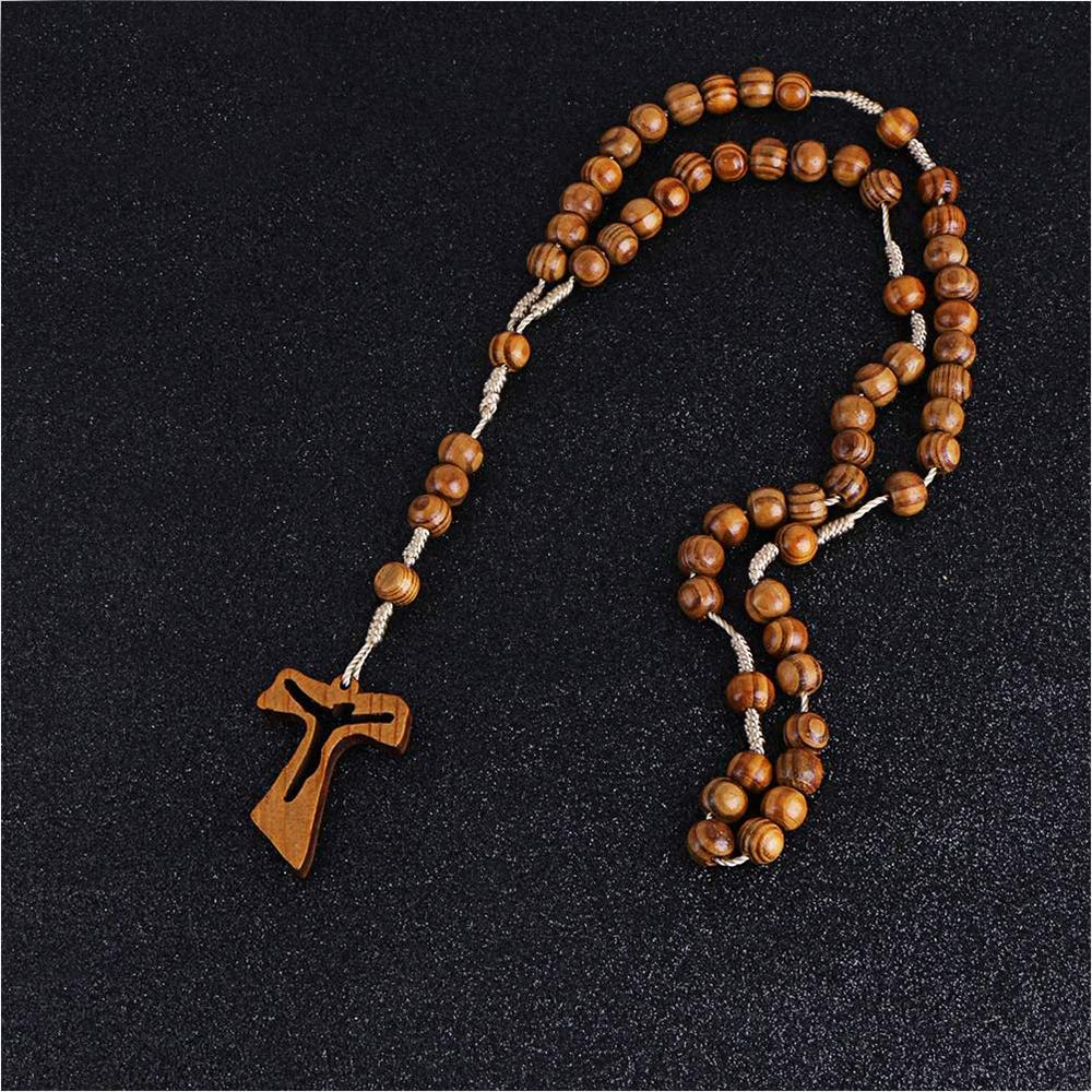 collana in legno con rosario e perline di legno, per uomo e donna