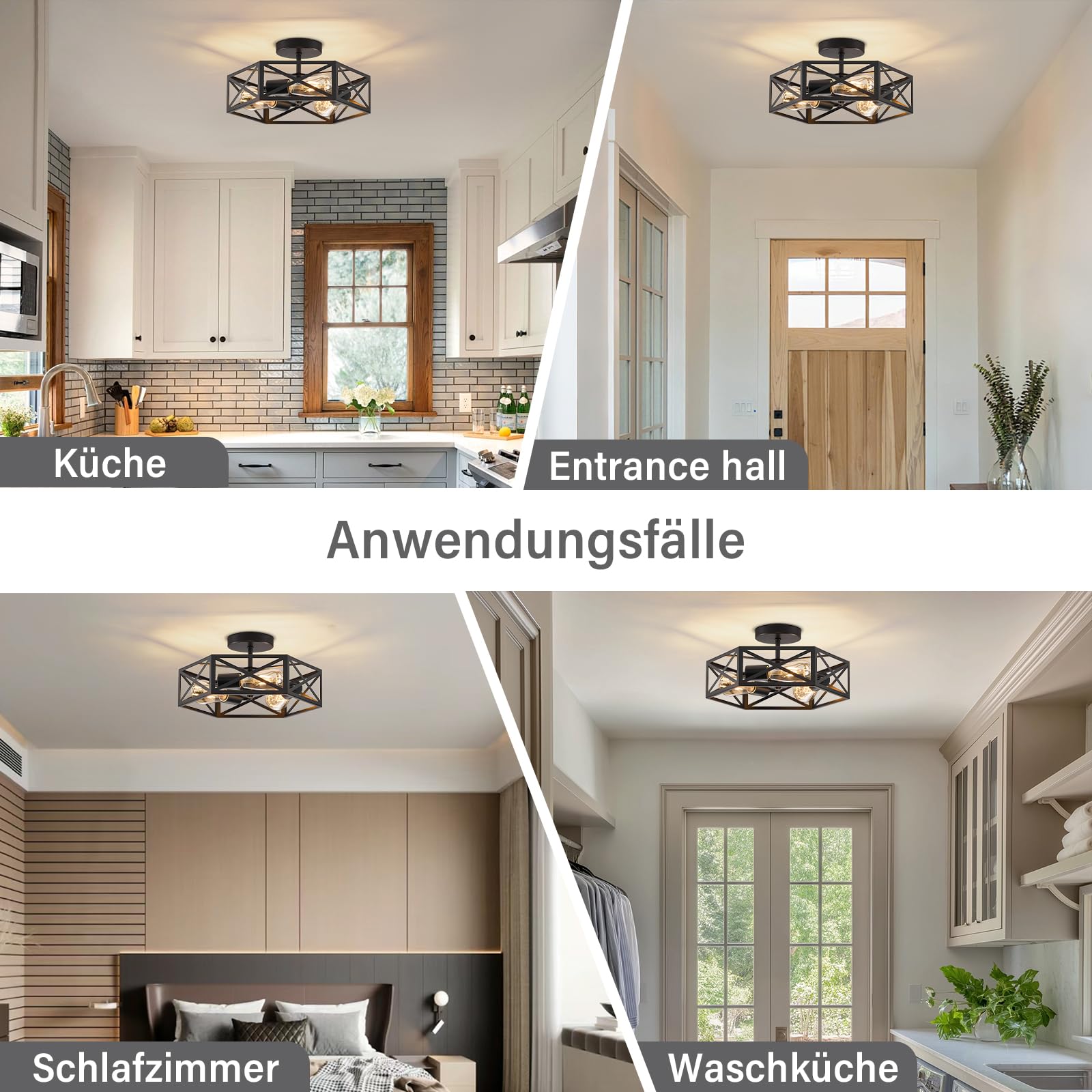 Qamra Deckenlampe Vintage Schwarz 3-flammig E27 Industrial Deckenleuchte Bauernhaus Metall Modern Käfig-Lichtarmatur für Küche, Flur, Schlafzimmer, Wohnzimmer, Eingangsbereich