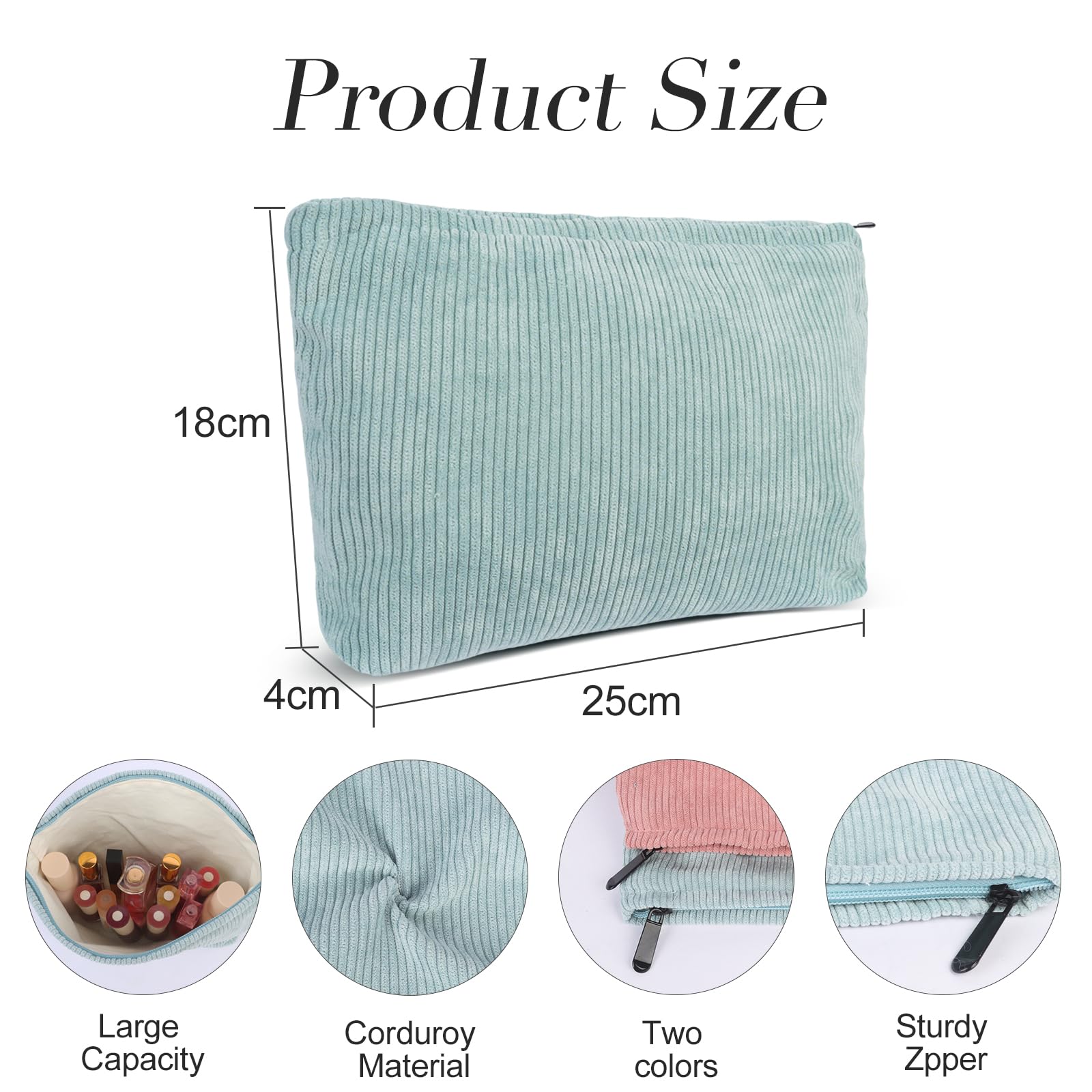 Small Make up Bags for Women - Blue Corduroy Makeup Bag Purse - Large Capacity Zipper Travel Cosmetic Bags for Toiletries - Image 2