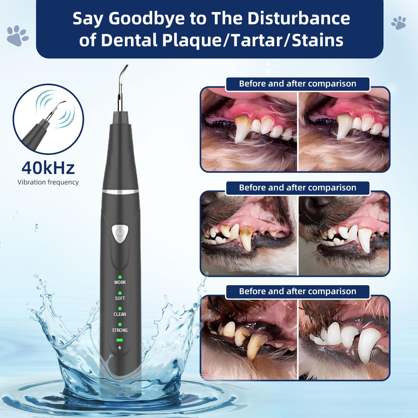 Herramienta de eliminación de placa dental: kit de limpieza de dientes de perro, raspador dental para sarro y placa, 3 modos de limpieza, carga USB, herramientas de limpieza de dientes con