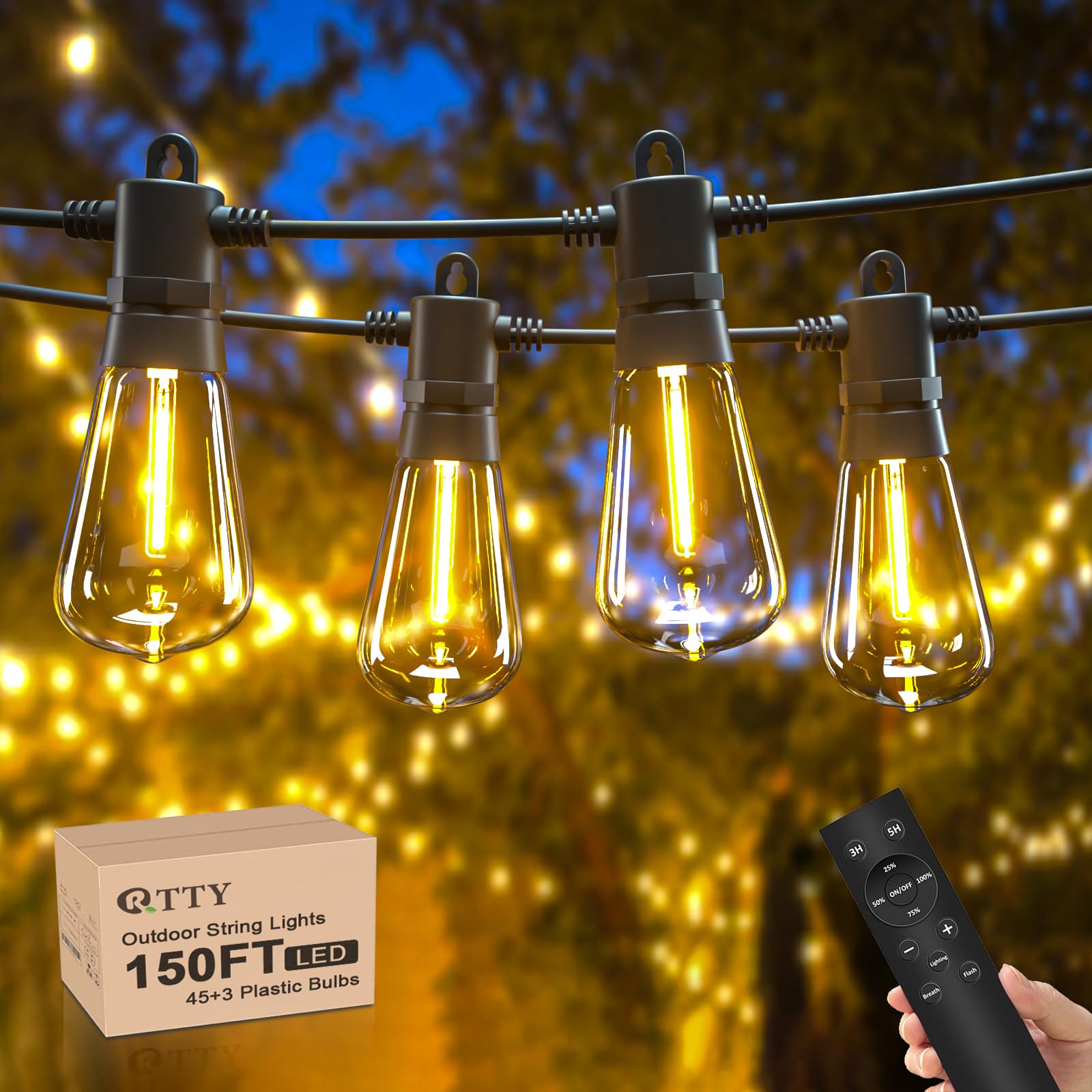 RTTY 150FT Outdoor String Lights Remote with 45pcs Vintage Shatterproof Bulbs,IP65 Weatherproof,Dimmable String Lights for Outside,Patio,Backyard