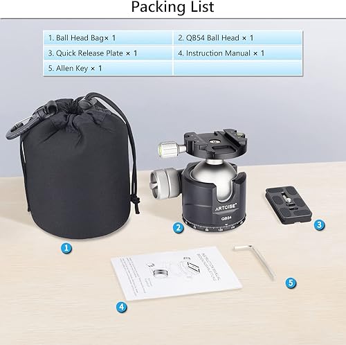 Miniatura 9 de Cabeza de bola de perfil bajo, bola única de 2.126 in, cabeza de trípode panorámica 360, cabeza de bola de metal de aleación de aluminio CNC Arca