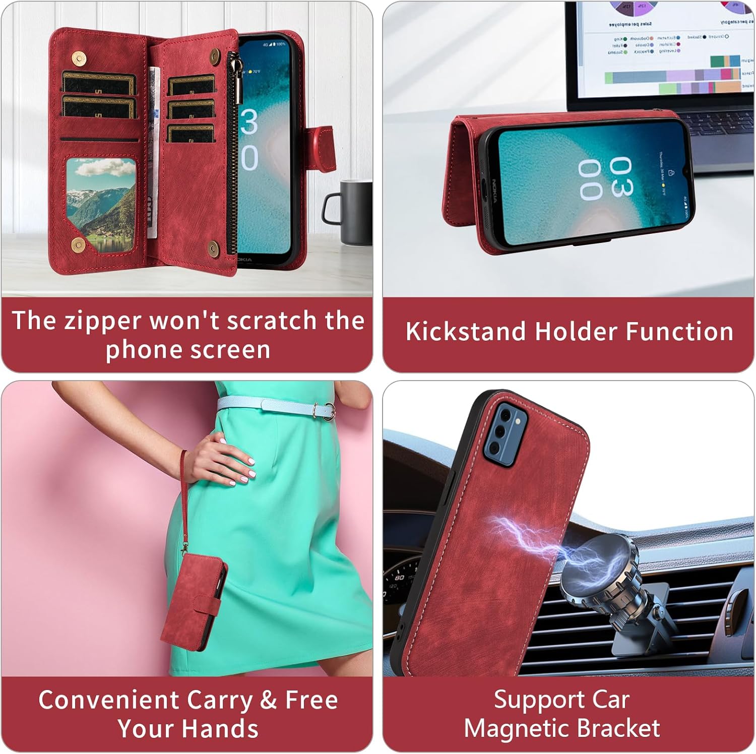 Asuwish Phone Case for Nokia C300 Zipper Wallet Detachable Magnetic Cover with Tempered Glass Screen Protector Crossbody Lanyard Strap Flip Card Holder Slot C 300 300C TA-1515 2023 Women Girls Red