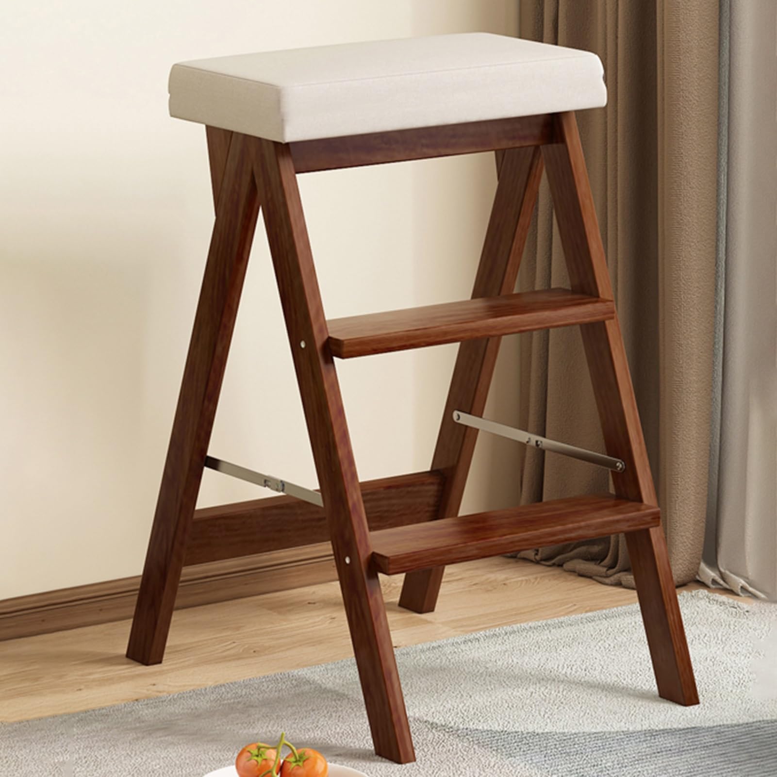 GWBoiuyQETM Wooden Folding Library Ladder Chair, Convertible Folding Chair Step Stool Display Stand, Protable 4-Step Library Ladder for Adults Office Home Kitchen Outdoor (Color : Brown+grey)