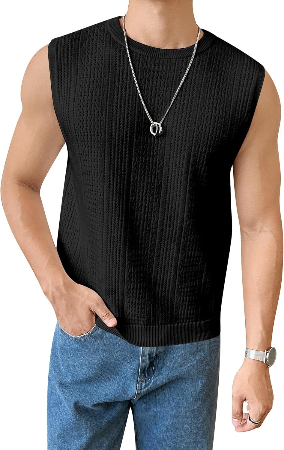 Verdusa Men's Sleeveless Round Neck Knit Tank Top Casual Sweater Vest