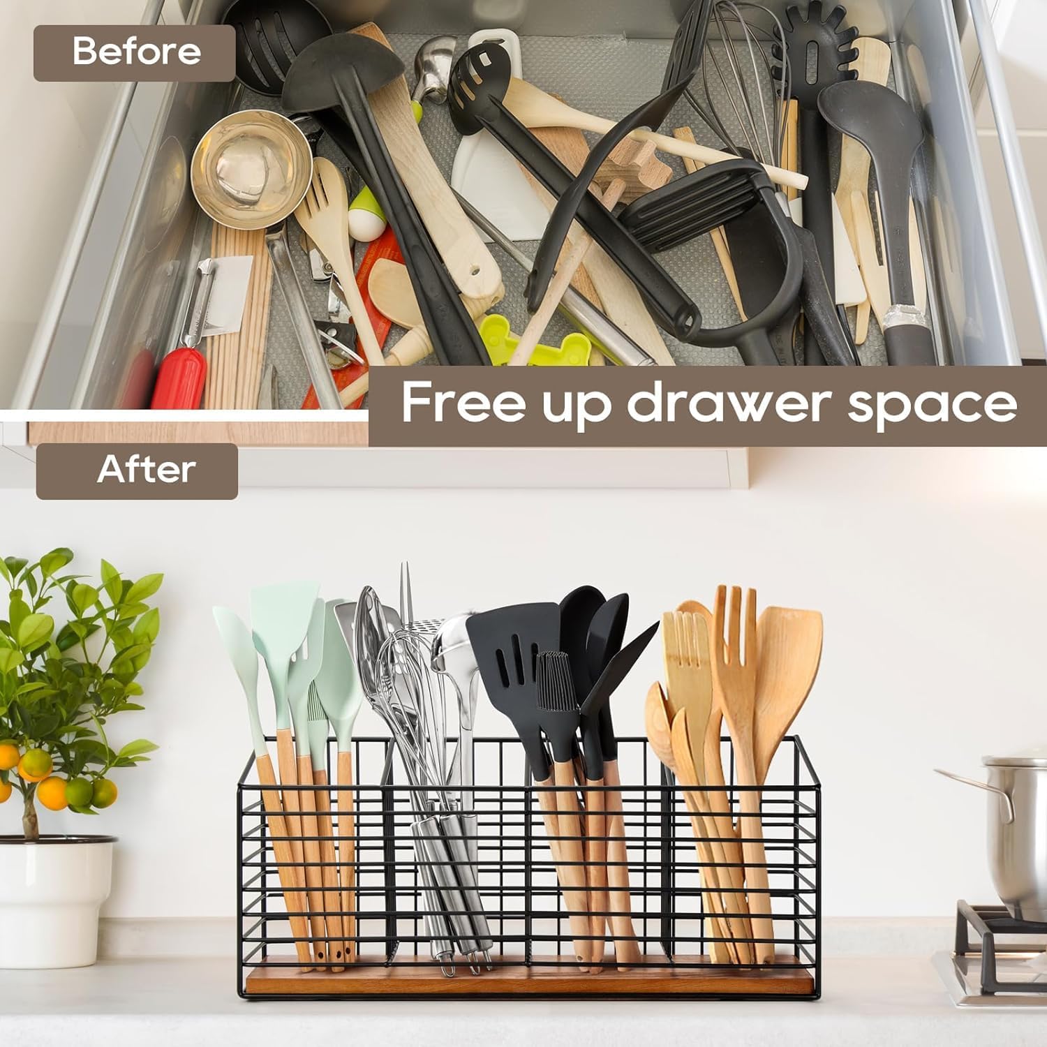 OGFC 5009 Large Utensil Holder for Kitchen Counter Black Metal Cooking VESSELS Organizer for Countertop 4 Compartments Kitchen Tools Holder for Spatula POTLID Crock Caddy 4