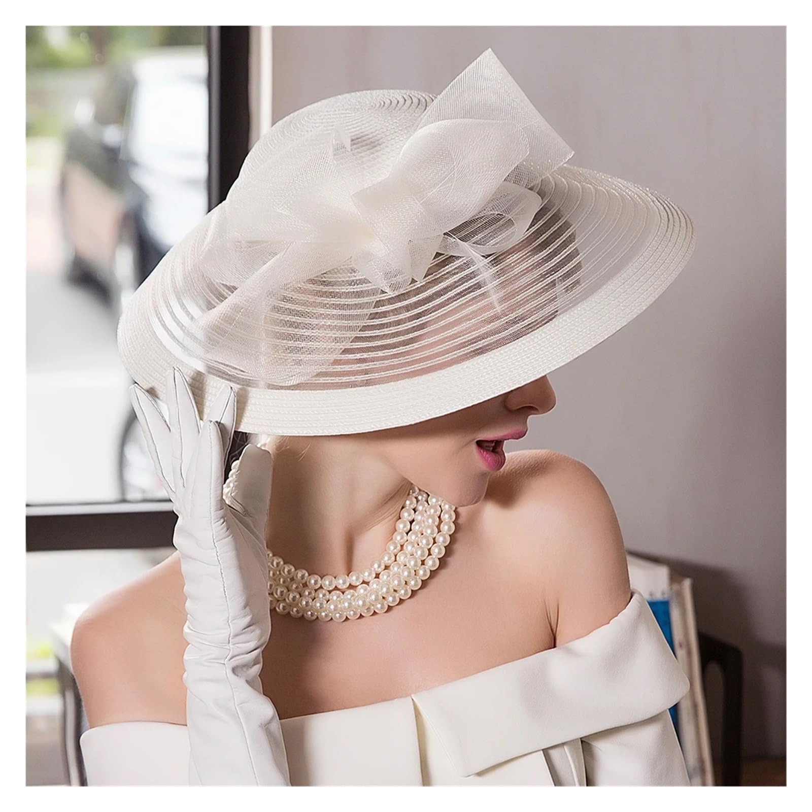 Chapeau De Mariage Elegante Cappello da Cerimonia del tè Kentucky, Bianco, for Donna, a Tesa Larga, Stile Fedora, for Abito Chiesa(Deep Blue)