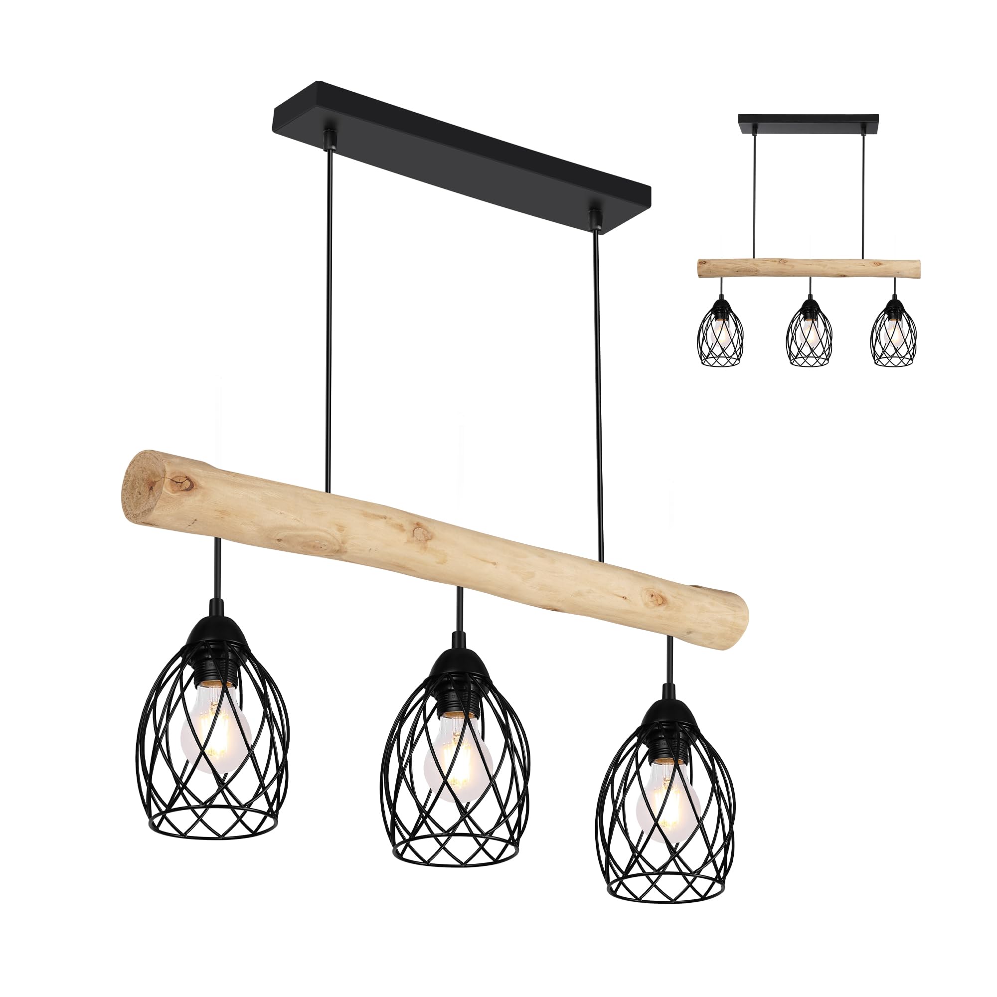 RLCLUTW Vintage Pendelleuchte Holz 3-flammig E27 Balkenlampe im Industrial Design, Retro Hängelampe höhenverstellbar für Esszimmer Küche Wohnzimmer Bar (Primary color, 60cm)